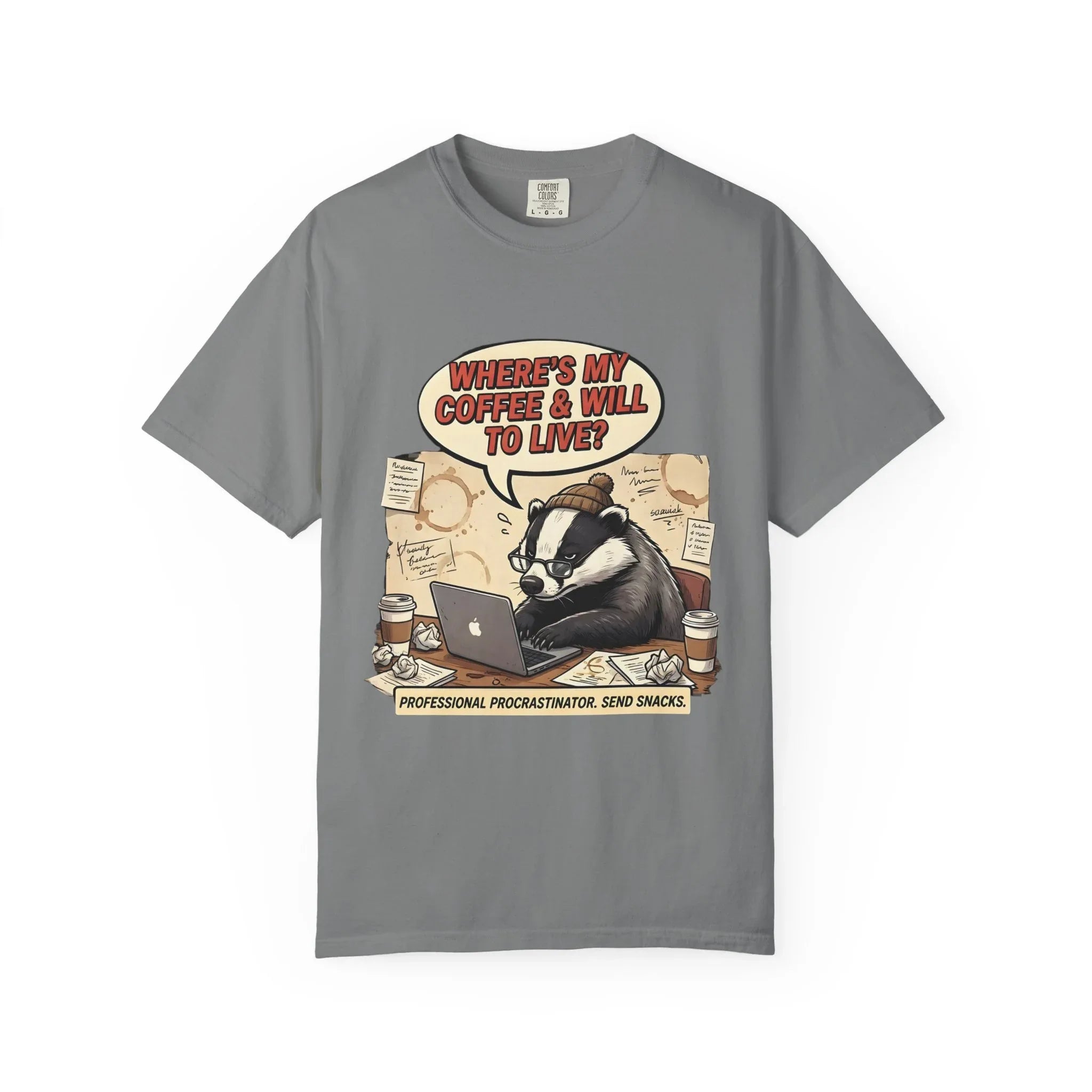 Where's My Coffee and Will to Live Badger T-Shirt | Procrastination Coffee Design | Funny Freelancer Gift | Vintage Sarcastic Humor Tee Grey