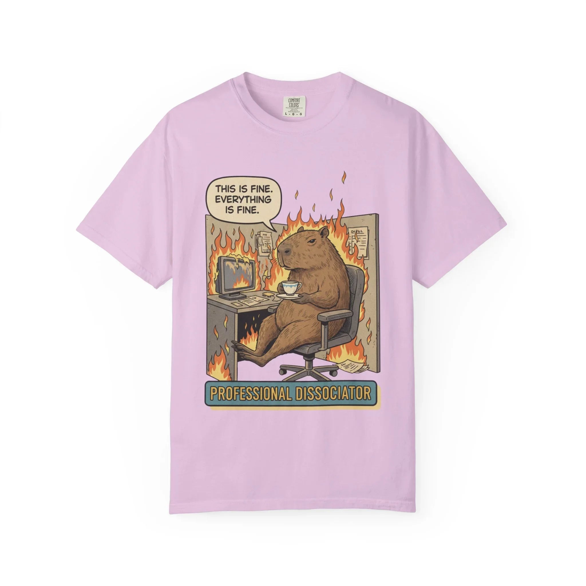 Funny Capybara "This Is Fine" Shirt - Professional Dissociator Tee - Mental Health Meme T-Shirt - Sarcastic Office Humor Gift - Relatable Corporate Grind Apparel Orchid