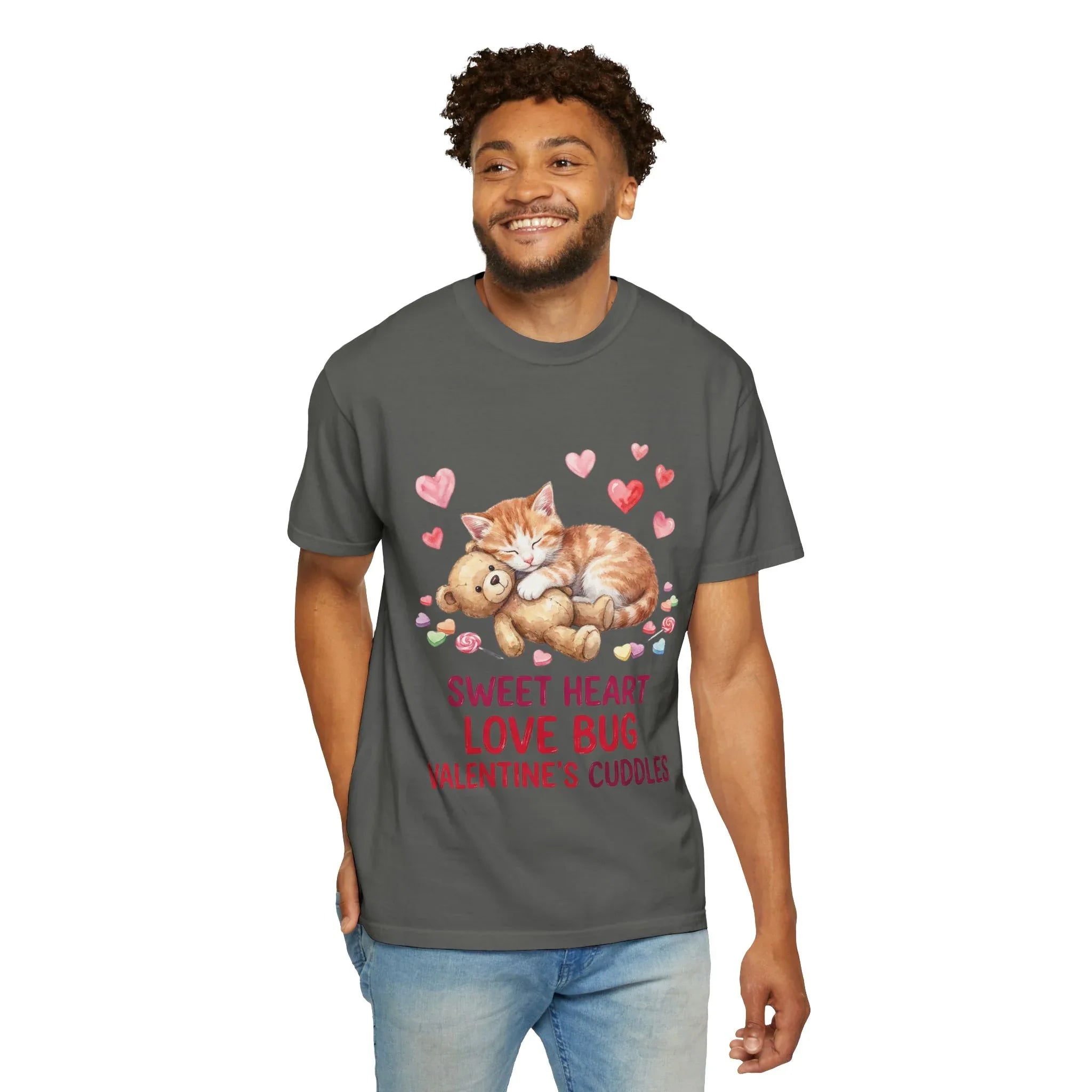 Sleeping Kitten with Teddy Bear Valentine T-Shirt | Sweetheart Love Bug Cuddles | Cozy Vintage Aesthetic | Cute Romantic Gift
