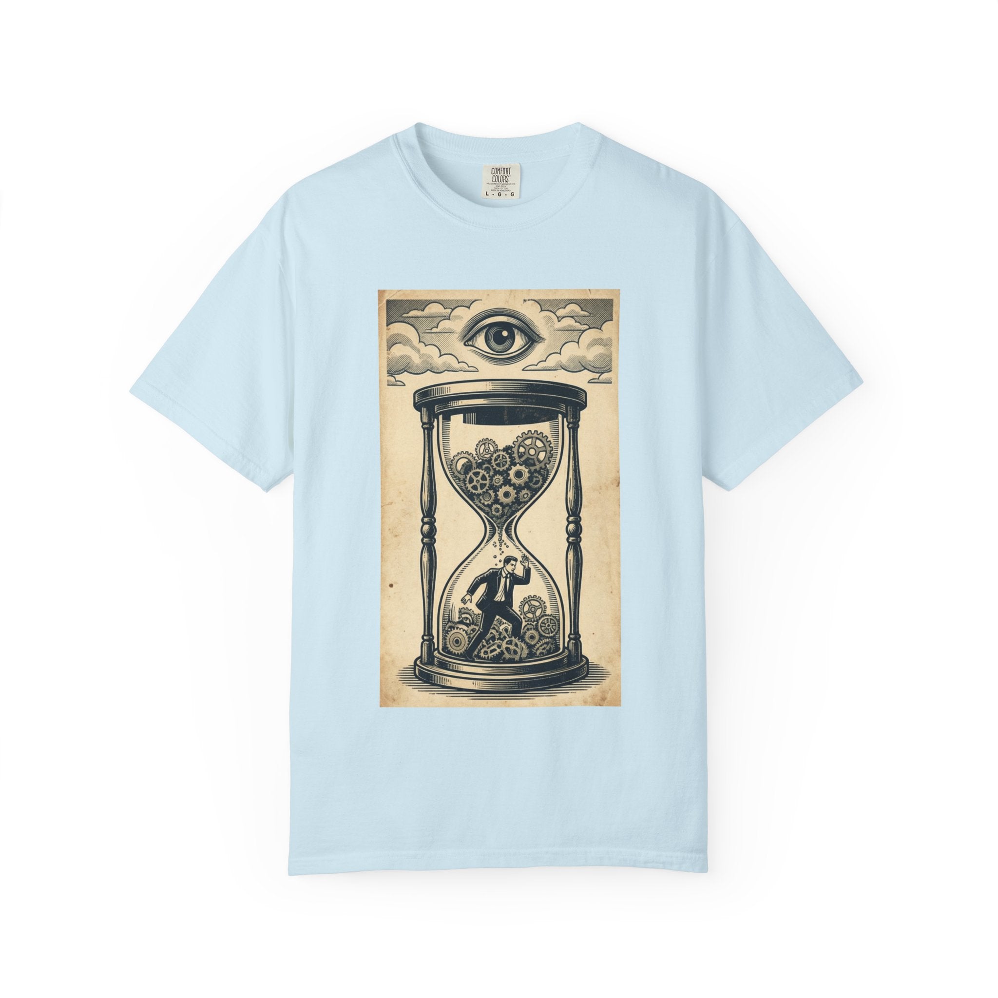 Vintage Dystopian Surrealism Shirt, All Seeing Eye Retro Graphic Tee, Dark Academia Clothing, Steampunk Gear T-Shirt, Gift for Philosophy Lovers, Oversized Unisex Corporate Satire Apparel Chambray