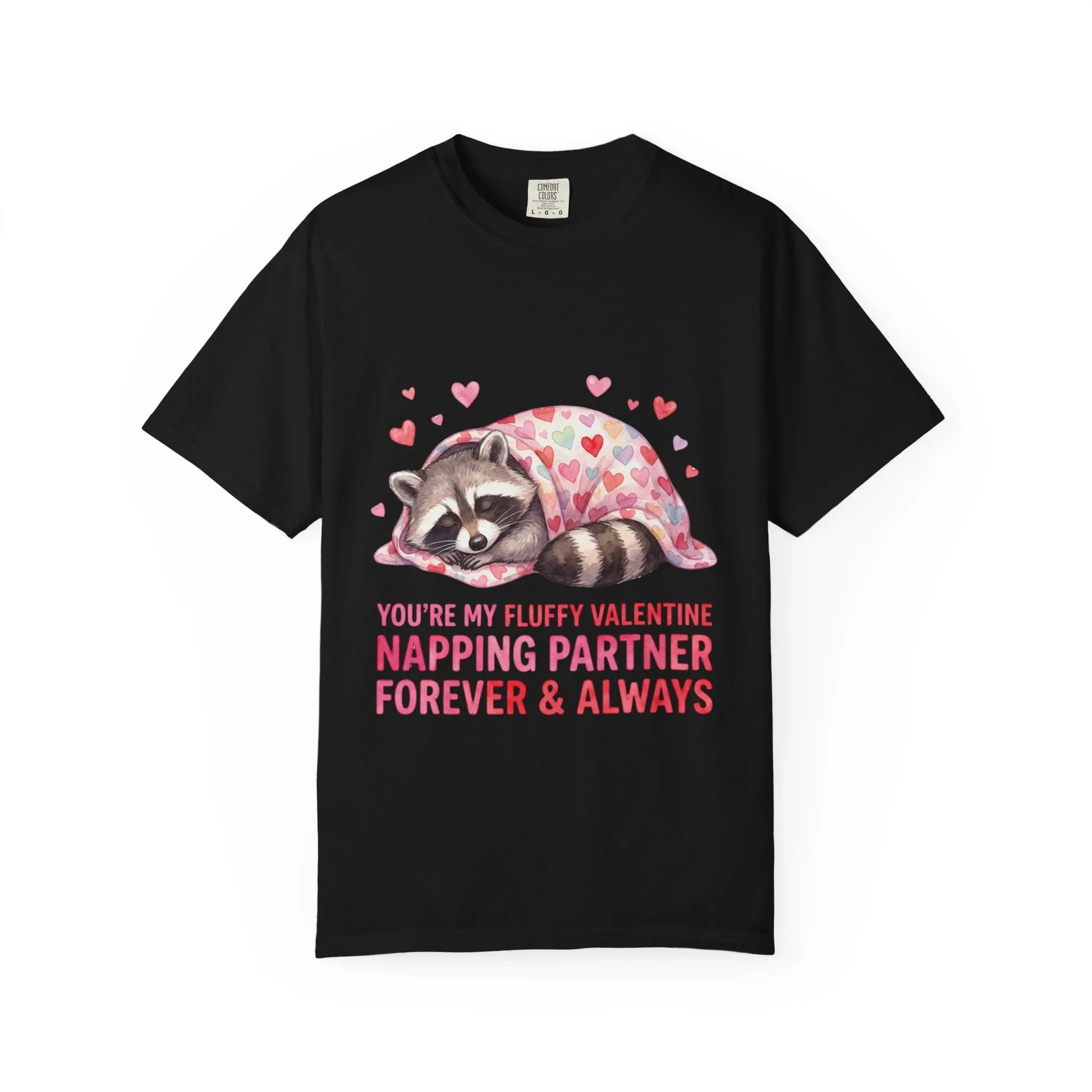 Sleeping Raccoon Valentine T Shirt Fluffy Napping Partner Forever Watercolor Cozy Vintage Aesthetic Gift Animal Lovers Soft Cotton Romantic Black
