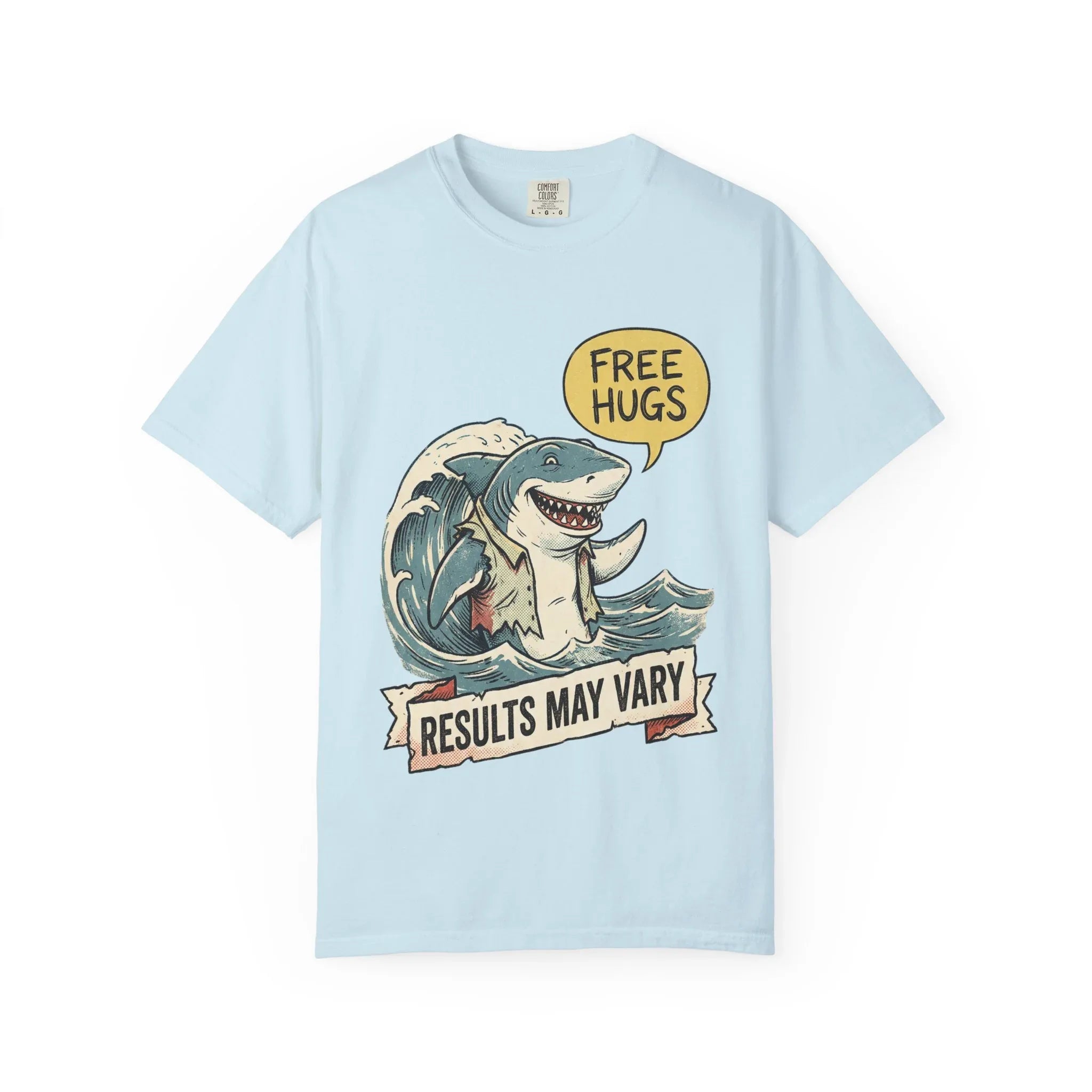 Vintage Shark Shirt - Funny "Free Hugs" T-Shirt - Dark Humor Gift - Retro Graphic Tee - Sarcastic Ocean Lover Top - Grunge Style Animal Apparel Chambray