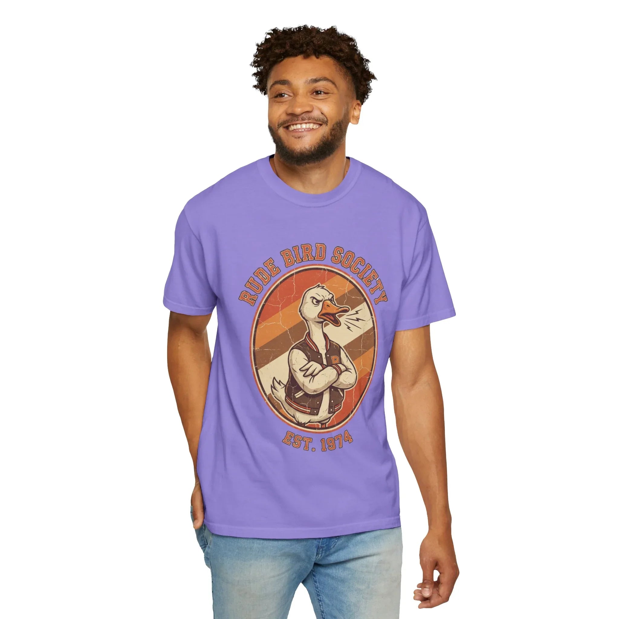 Dude Bird Society Goose T-Shirt | Retro Vintage Badge Est 1974 | Sunset Stripes Graphic | Garment-Dyed Heavyweight Unisex Violet