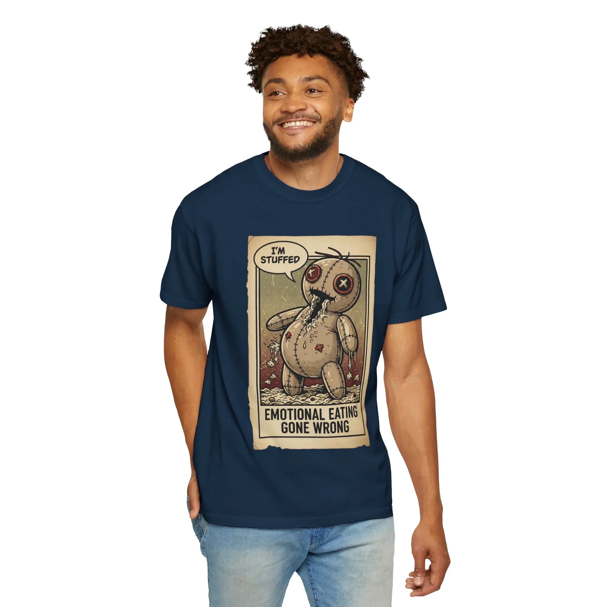 Funny Voodoo Doll "I'm Stuffed" Shirt - Emotional Eating Sarcastic Graphic Tee - Retro Dark Humor Foodie T-Shirt - Vintage Garment-Dyed Aesthetic Streetwear - Indie Lowbrow Art Mood Shirt
