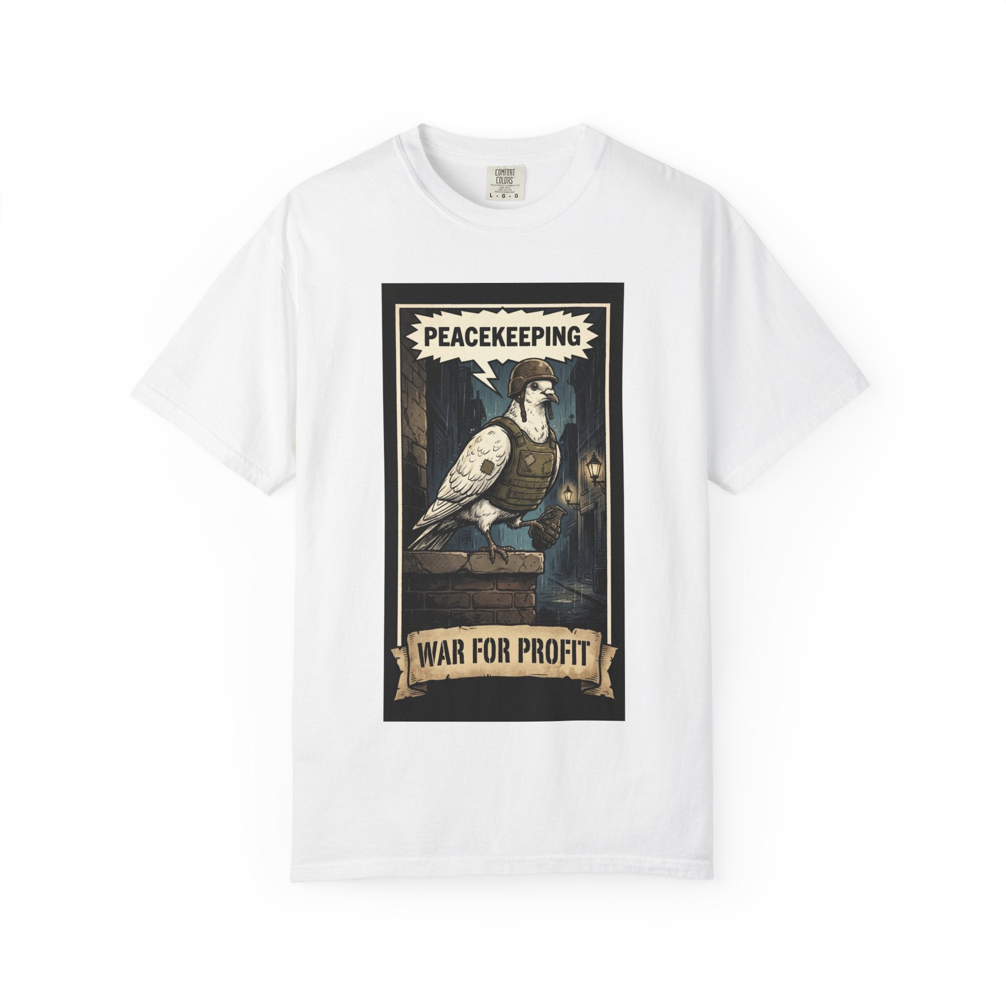 Peacekeeping War for Profit Shirt Anti War Political Satire Tee Vintage Dove Graphic Social Commentary Gift Retro Activist Apparel White