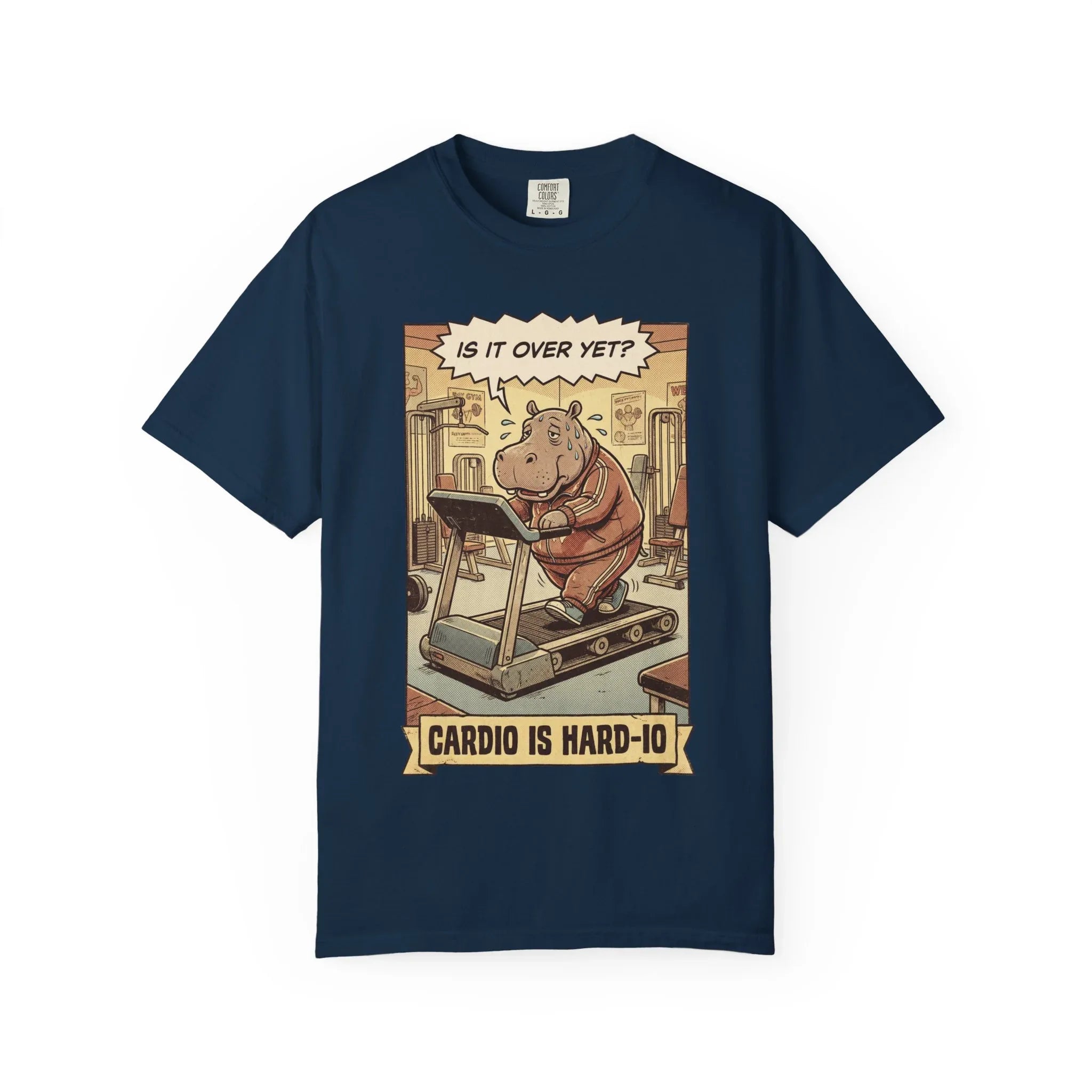 Funny Hippo Gym Shirt - "Cardio is Hard-io" Retro Workout Tee - Sarcastic Fitness Graphic T-Shirt - Vintage Runner & Weightlifter Gift - Humorous Exercise Streetwear True Navy