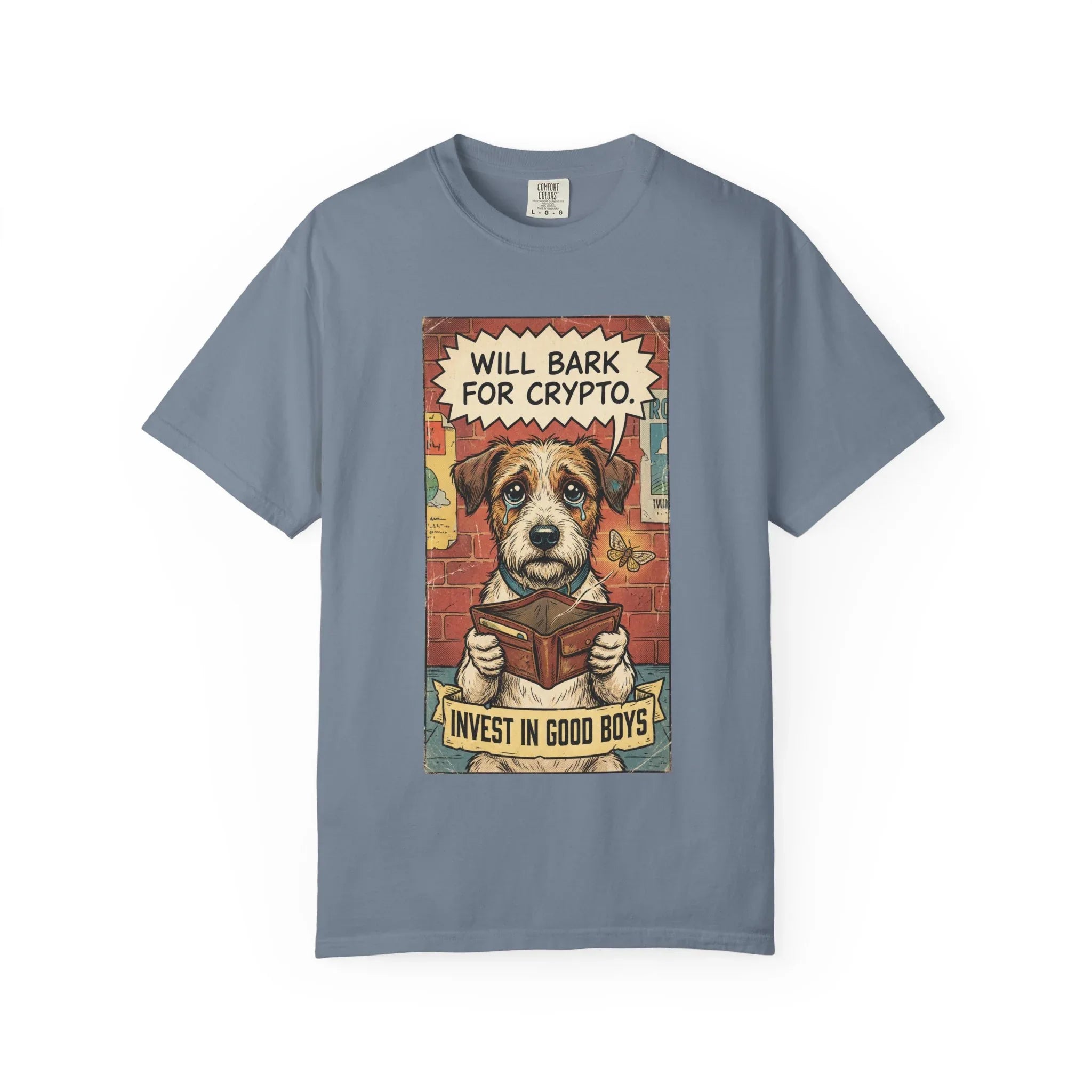Funny Crypto Dog Shirt - Vintage Dogecoin Bitcoin Investor Gift - "Will Bark for Crypto" Graphic Tee - Retro Satirical Meme Clothing - HODL & Buy the Dip T-Shirt Blue Jean