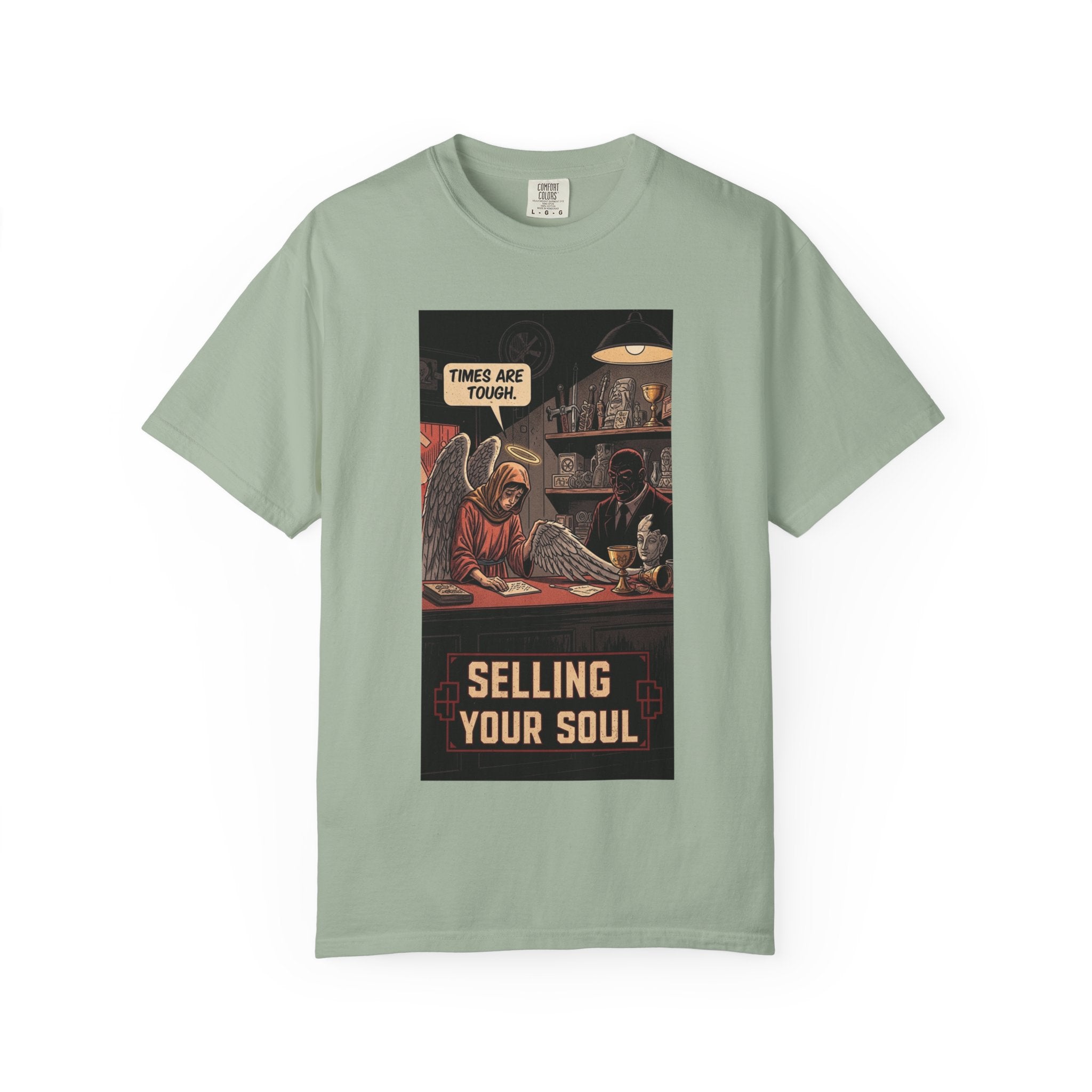Selling Your Soul Shirt - Vintage Pawn Shop Satire Tee - Angel Social Commentary T-Shirt - Dark Humor Philosophy Gift - Retro Comic Graphic Apparel Bay