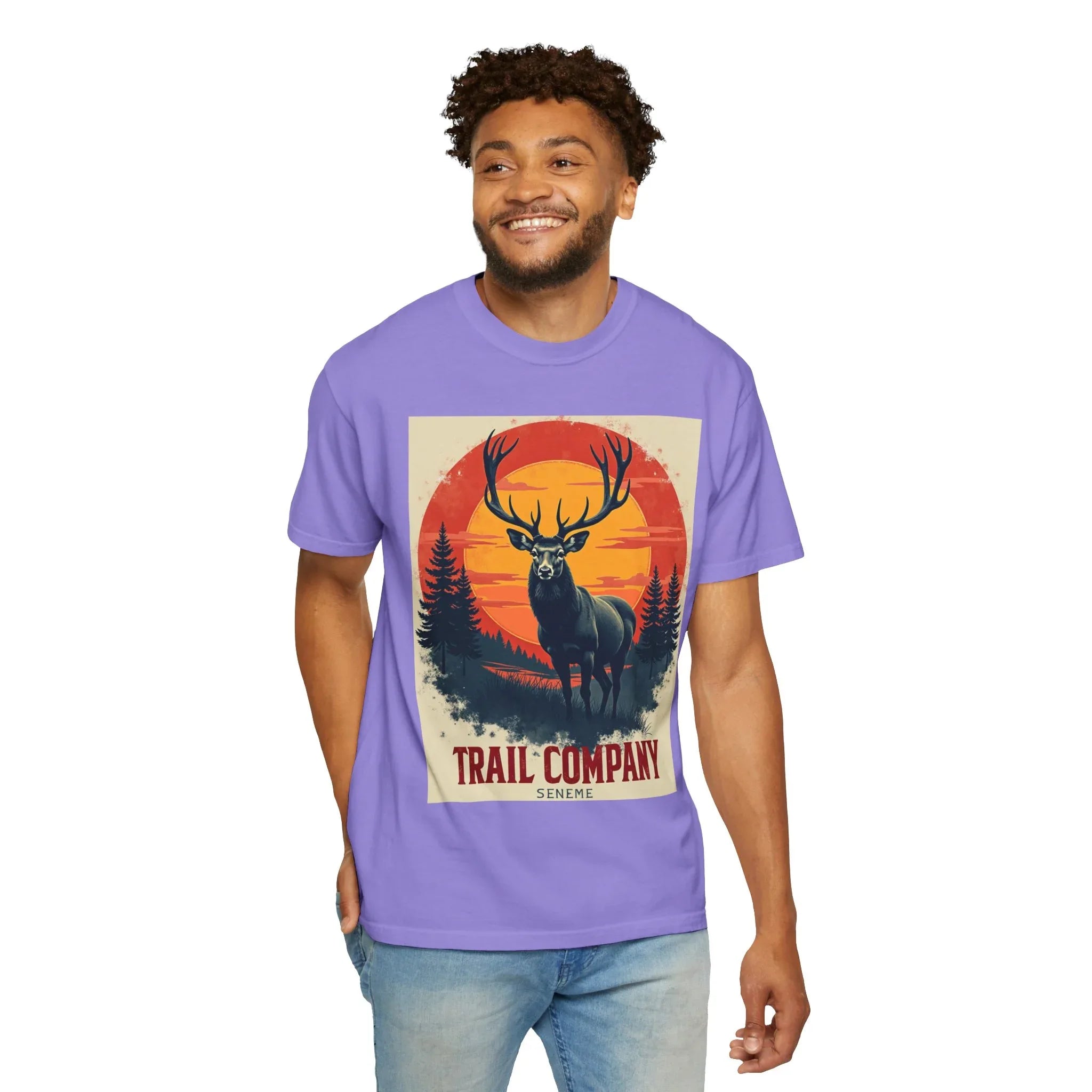 Stag Sunset Trail Company Shirt, Vintage Elk Deer Tee, Retro Sunset Forest T-Shirt, Hiking Camping Cabin Outdoors Gift Violet