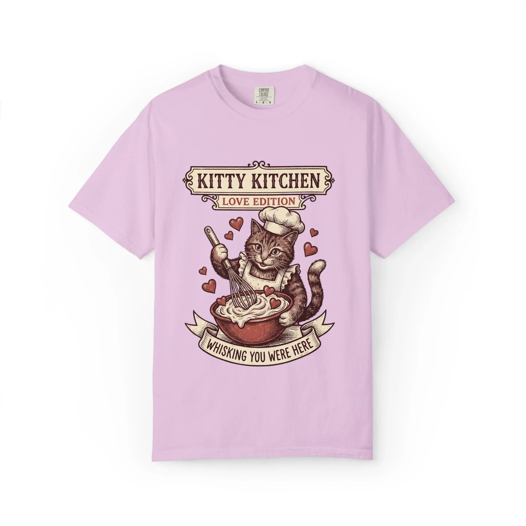 Kitty Kitchen Love T-Shirt | Vintage Cat Chef Whisking You Were Here Graphic Tee Orchid