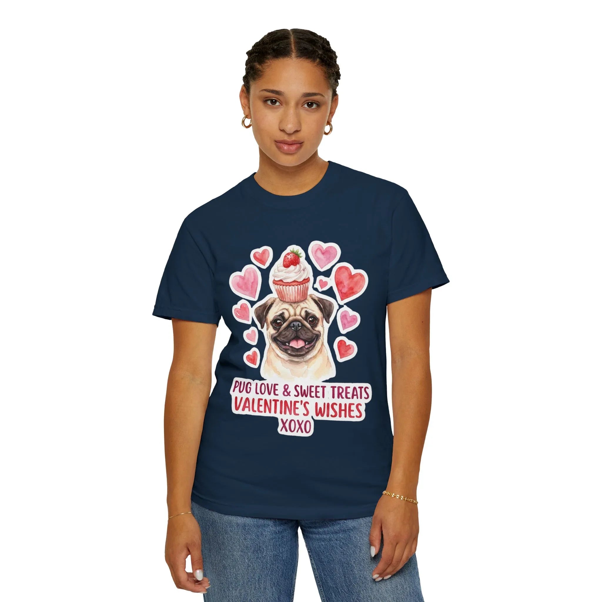 Pug with Cupcake Valentine T Shirt Cute Dog Hearts Sweet Treats Watercolor Cozy Vintage Aesthetic Gift Dog Lovers Soft Cotton Romantic Tee True Navy