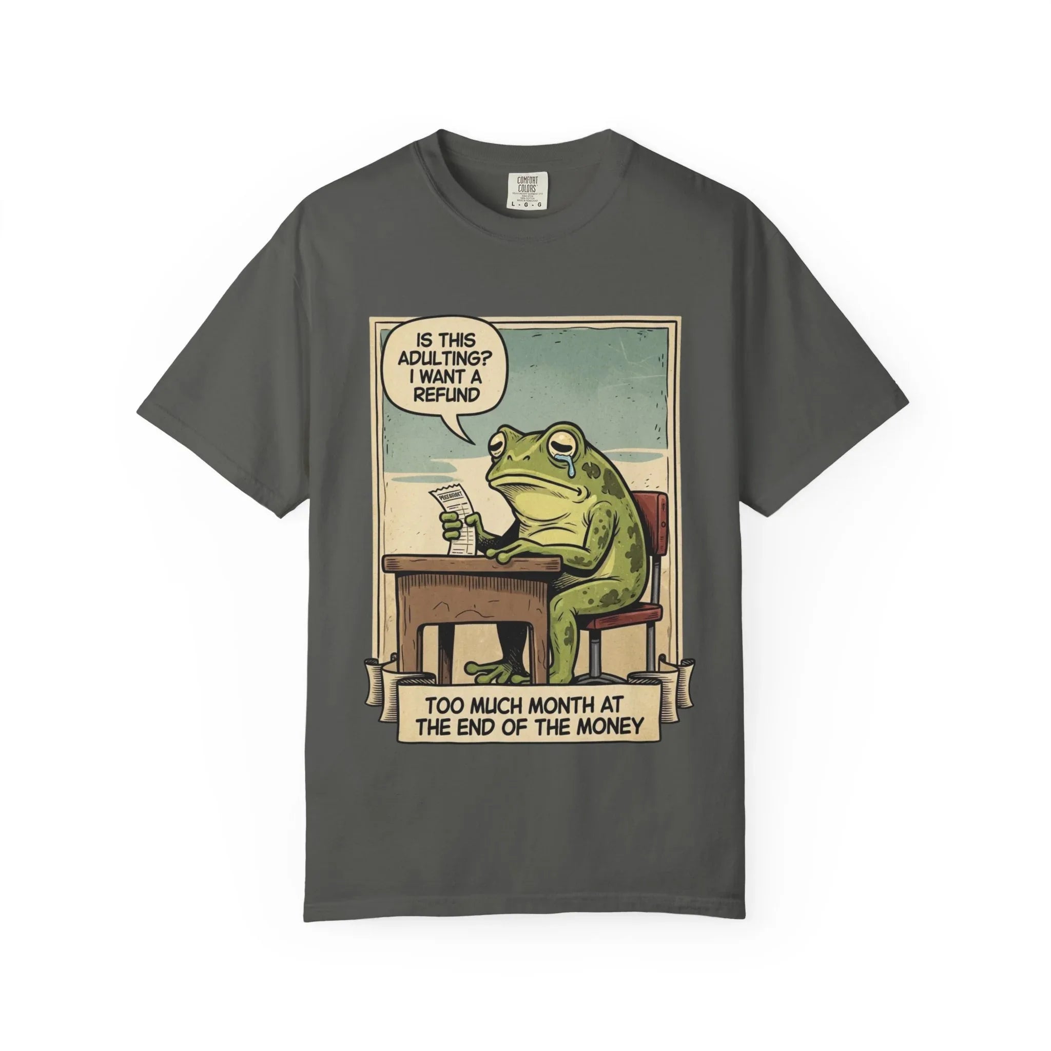 Funny Adulting Shirt - Sad Frog Meme Hoodie - "Too Much Month at the End of My Money" Sweatshirt - Vintage Aesthetic Millennial Financial Humor - Relatable Broke Friend Gift Pepper