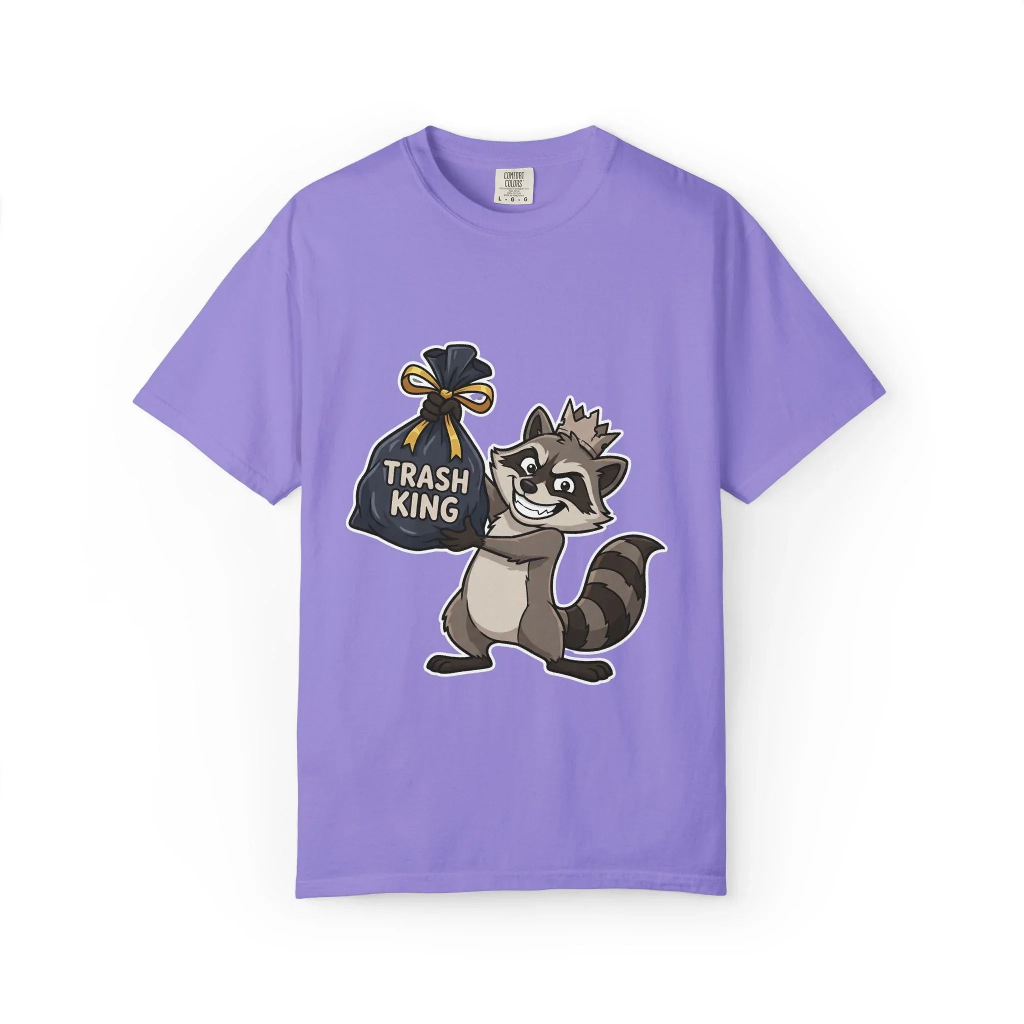 Trash King Raccoon Shirt, Funny Trash Panda Tee, Crown Trash Bag Graphic T-Shirt, Meme Streetwear Gift, Sarcastic Animal Humor Violet