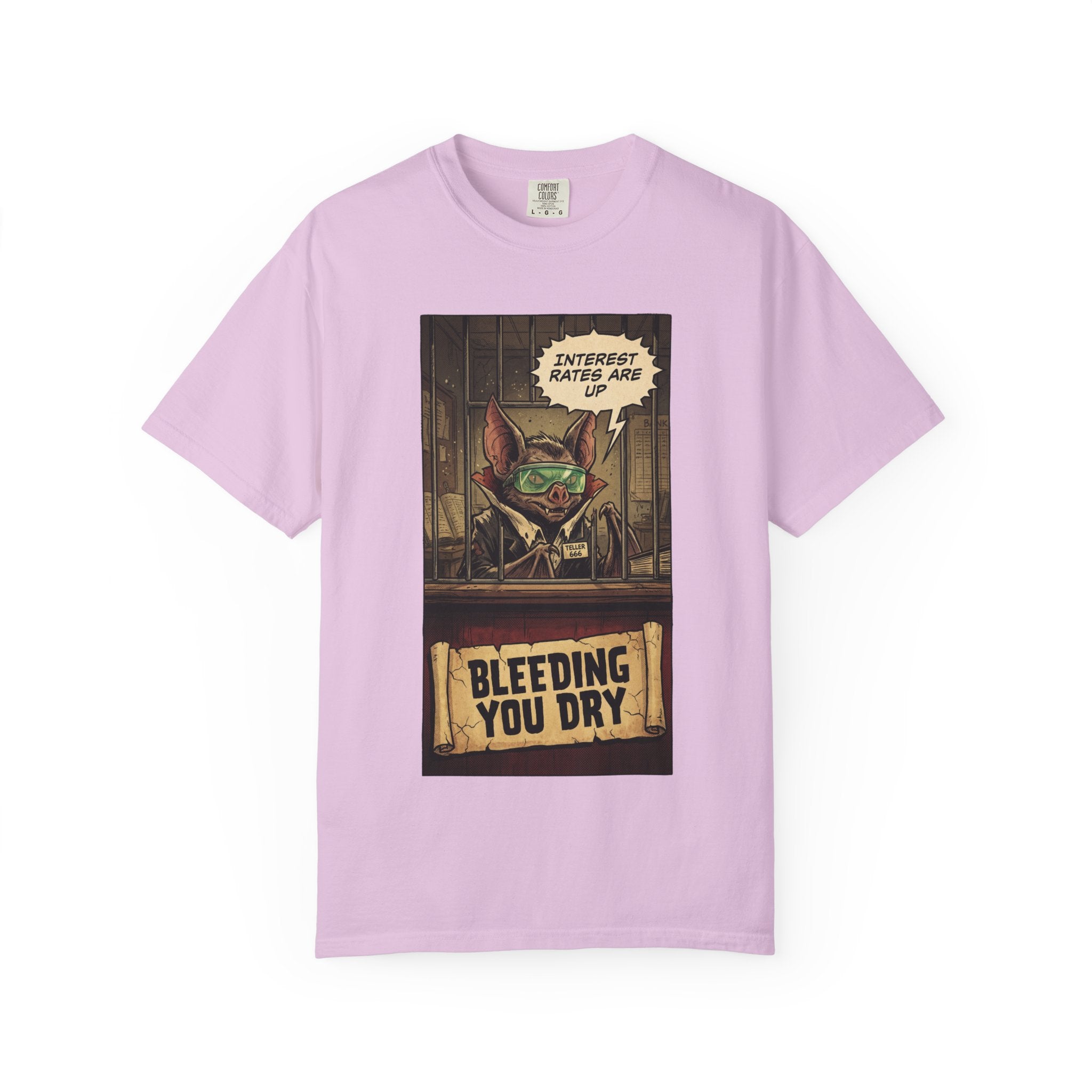 Interest Rates Are Up Shirt, Banker Bat Bleeding You Dry Tee, Funny Finance Satire, Debt & Mortgage Crisis T-Shirt, Vintage Grunge Apparel Orchid