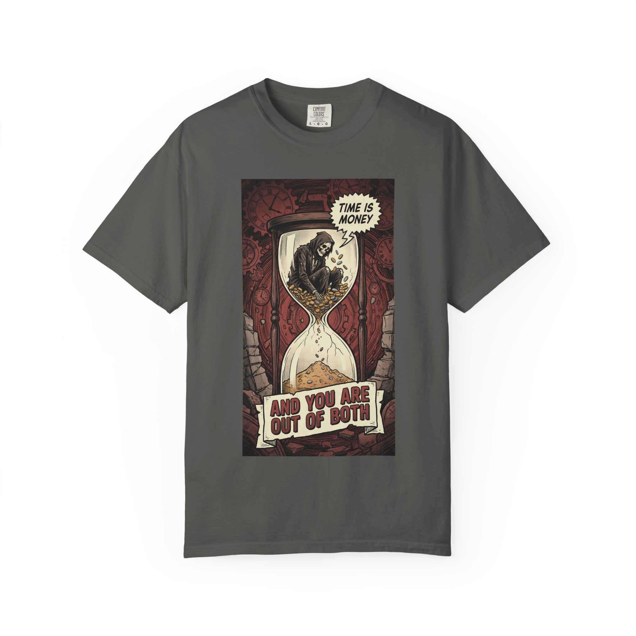 Time Is Money Shirt, Out of Both Grim Reaper Tee, Sarcastic Financial Satire Shirt, Vintage Grunge Hourglass Apparel, Dark Humor Philosophy Gift Pepper