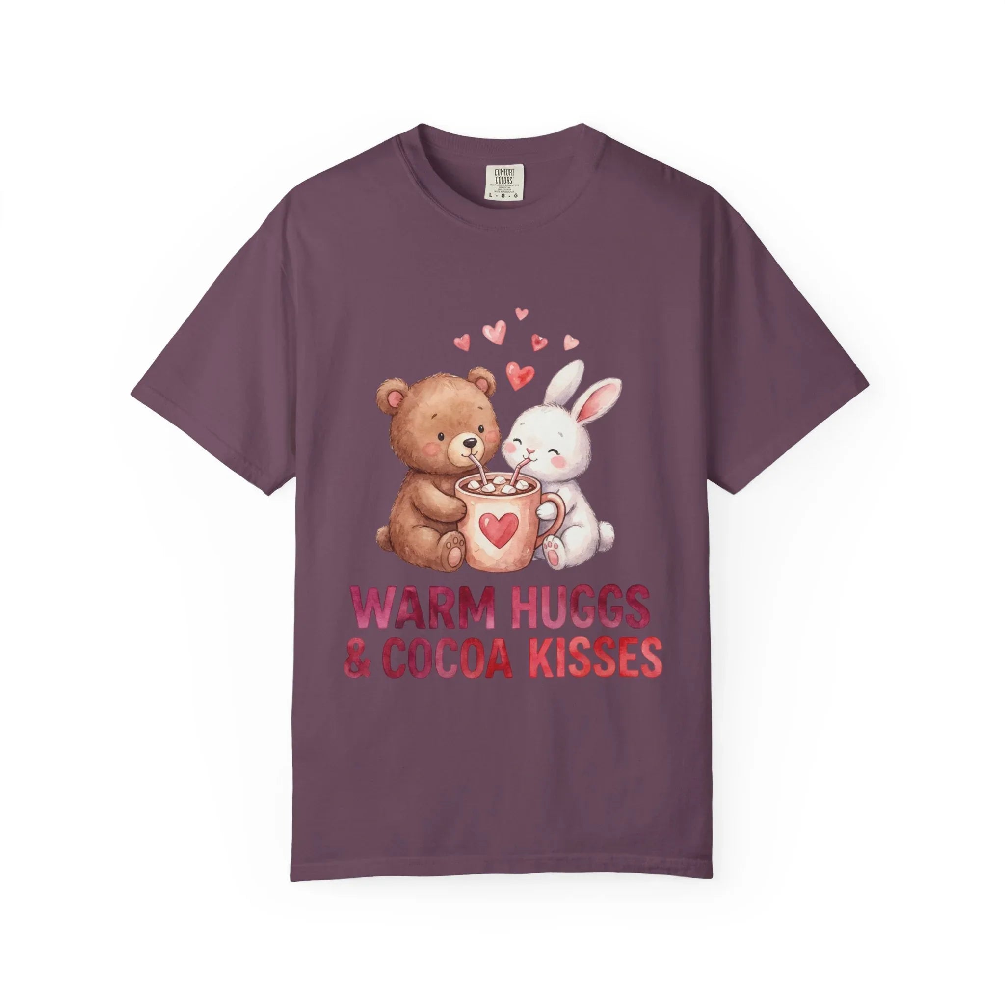 Warm Hugs and Cocoa Kisses T-Shirt | Bear Bunny Hot Cocoa Design | Cozy Winter Valentine Gift | Soft Vintage Aesthetic Tee Berry M