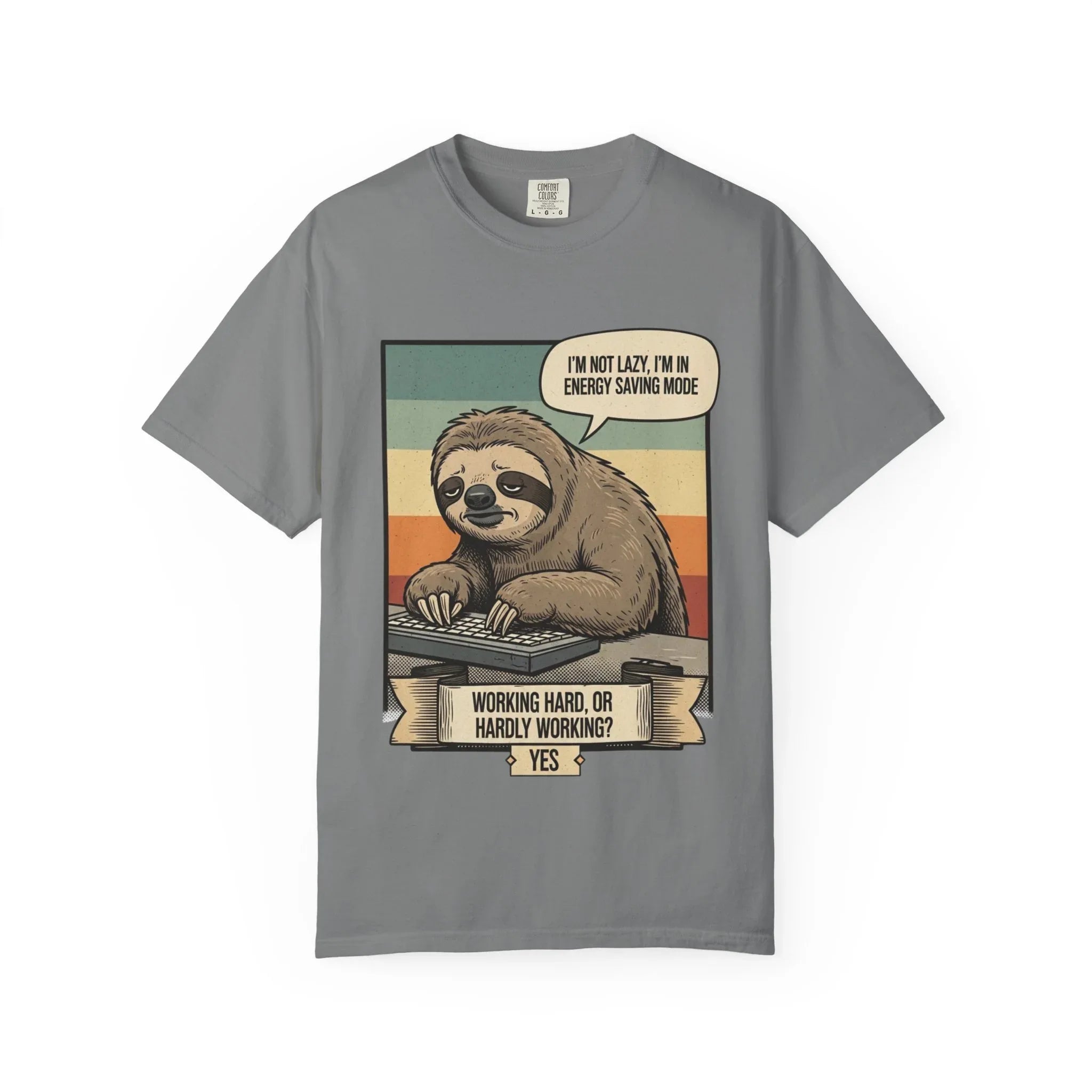 Funny Sloth Shirt - "I'm In Energy Saving Mode" T-Shirt - Office Humor Gift for Coworker - Lazy Animal Tee - Work From Home Graphic Tee - Retro Style Sloth Top Grey