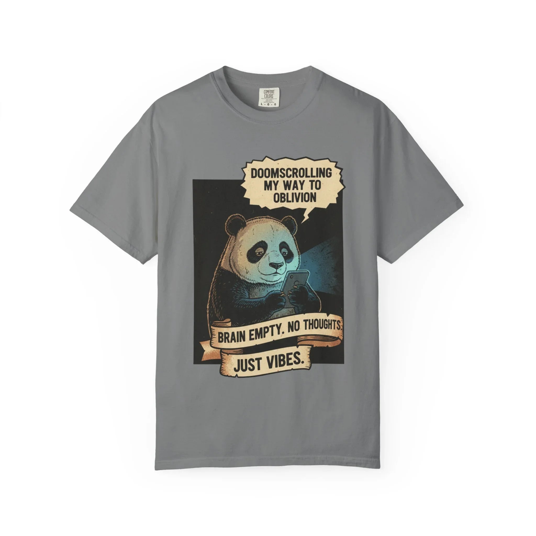 Funny Panda Doomscrolling Shirt Brain Empty No Thoughts Just Vibes Tee Retro Vintage Aesthetic Tshirt Relatable Meme Gift for Introverts Grey