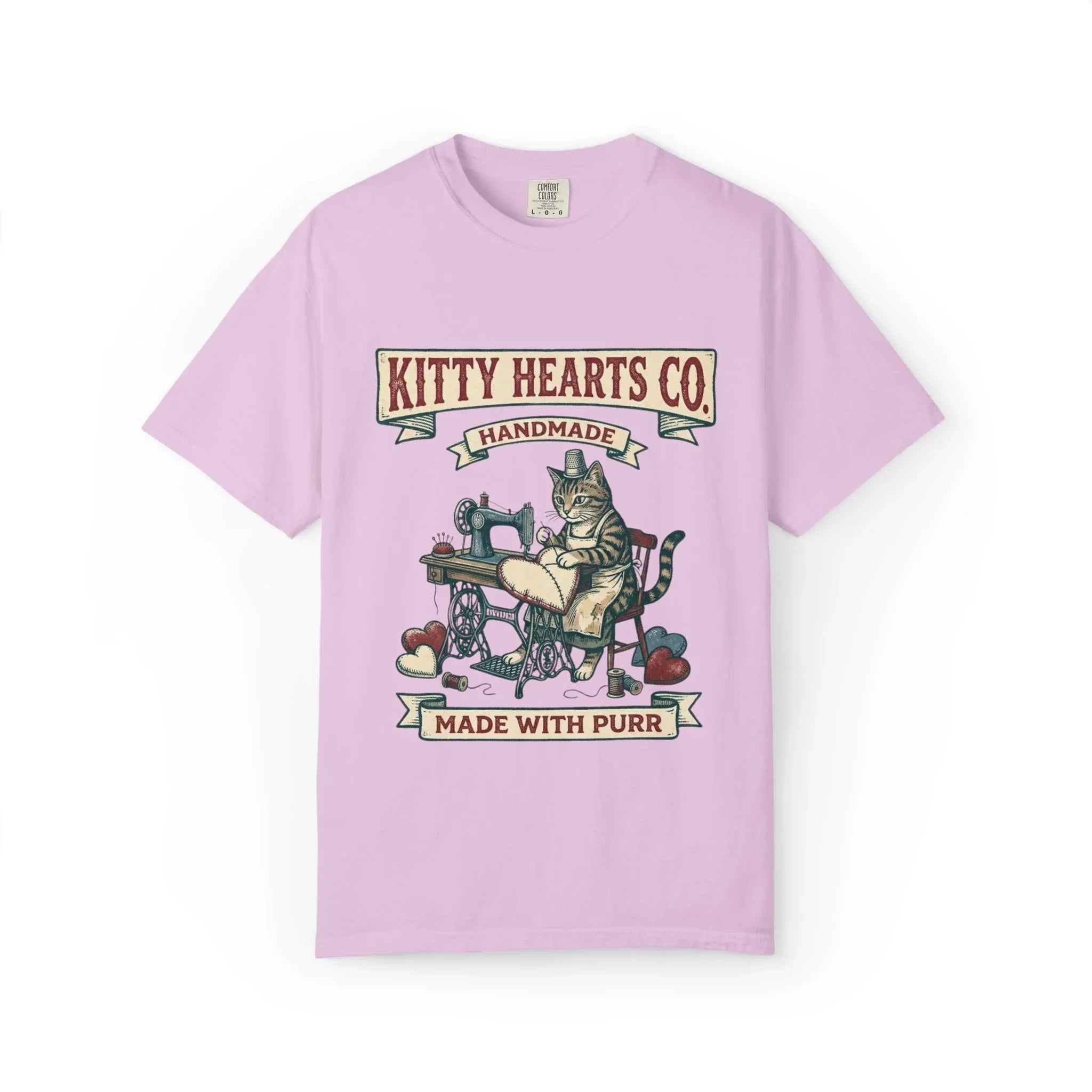 Kitty Hearts Co T-Shirt | Vintage Sewing Cat Made With Purr Graphic Tee | Retro Craft Cat Lover Gift Shirt Orchid