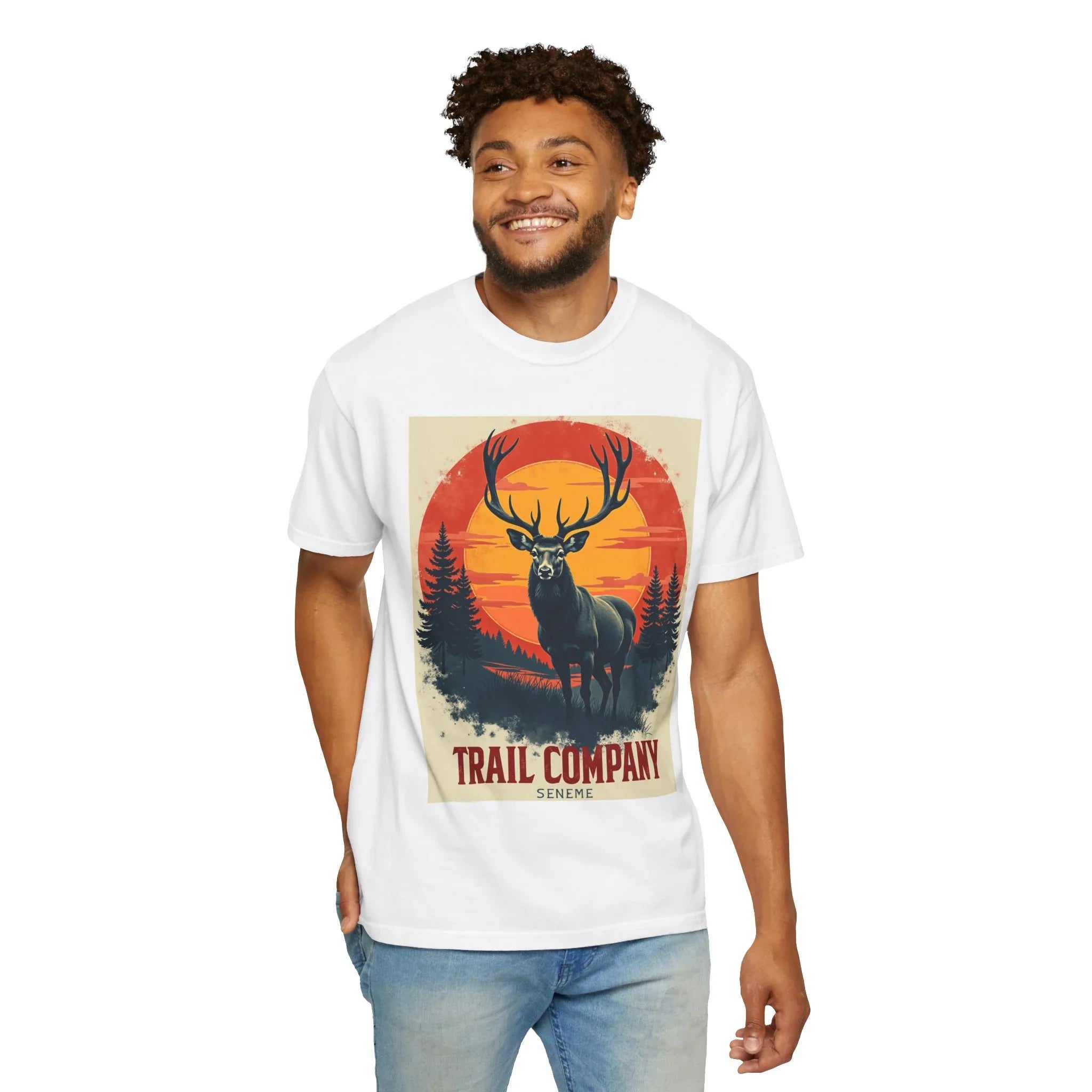 Stag Sunset Trail Company Shirt, Vintage Elk Deer Tee, Retro Sunset Forest T-Shirt, Hiking Camping Cabin Outdoors Gift