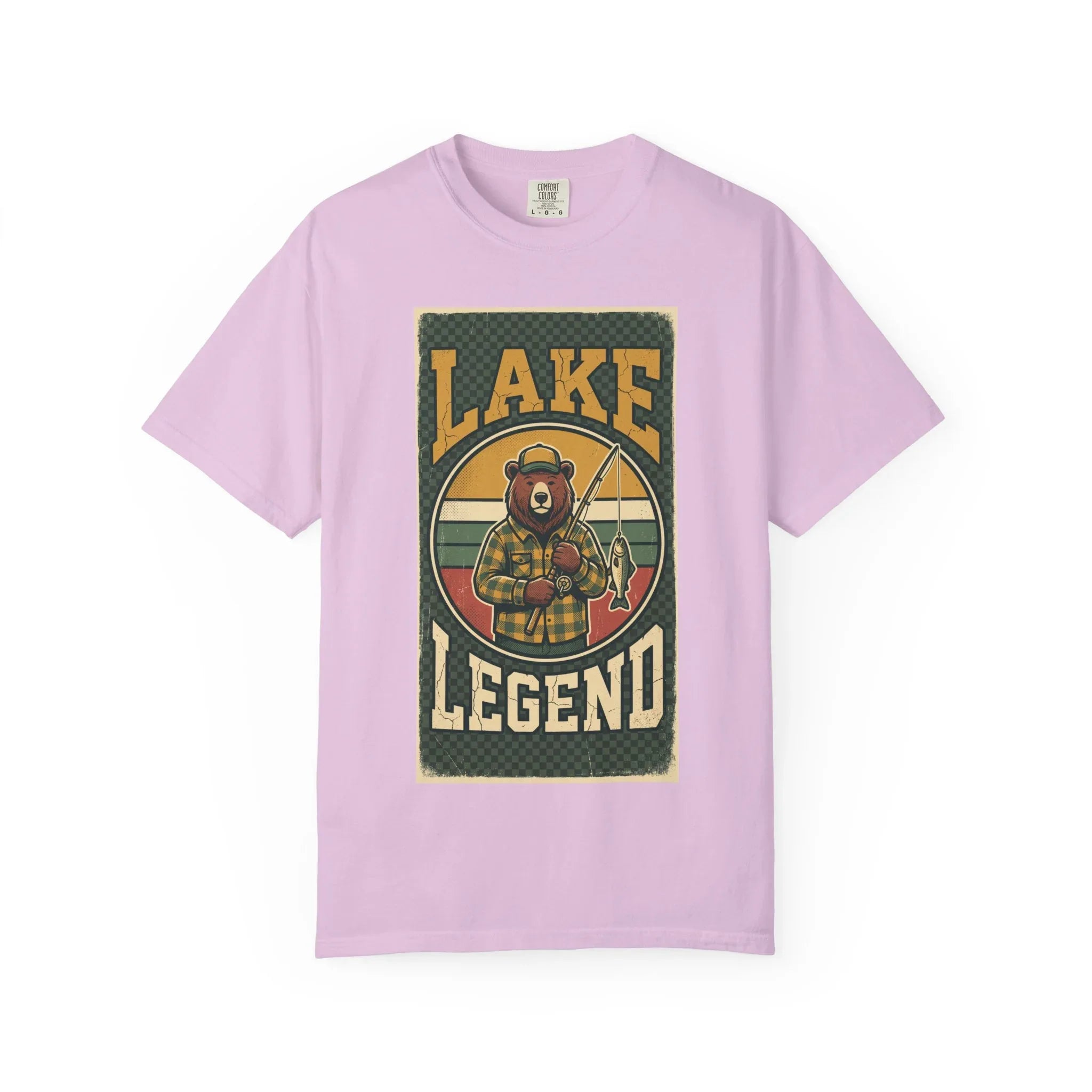 Lake Legend Bear Fishing T-Shirt | Retro Outdoors Graphic Tee | Vintage Cabin Lake Life Shirt | Garment-Dyed Heavyweight Unisex Orchid