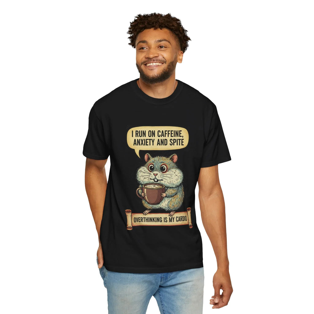Funny Hamster Coffee Shirt - "Overthinking is My Cardio" T-Shirt - Caffeine Anxiety and Spite Gift - Sarcastic Mental Health Tee - Retro Jittery Hamster Graphic Top