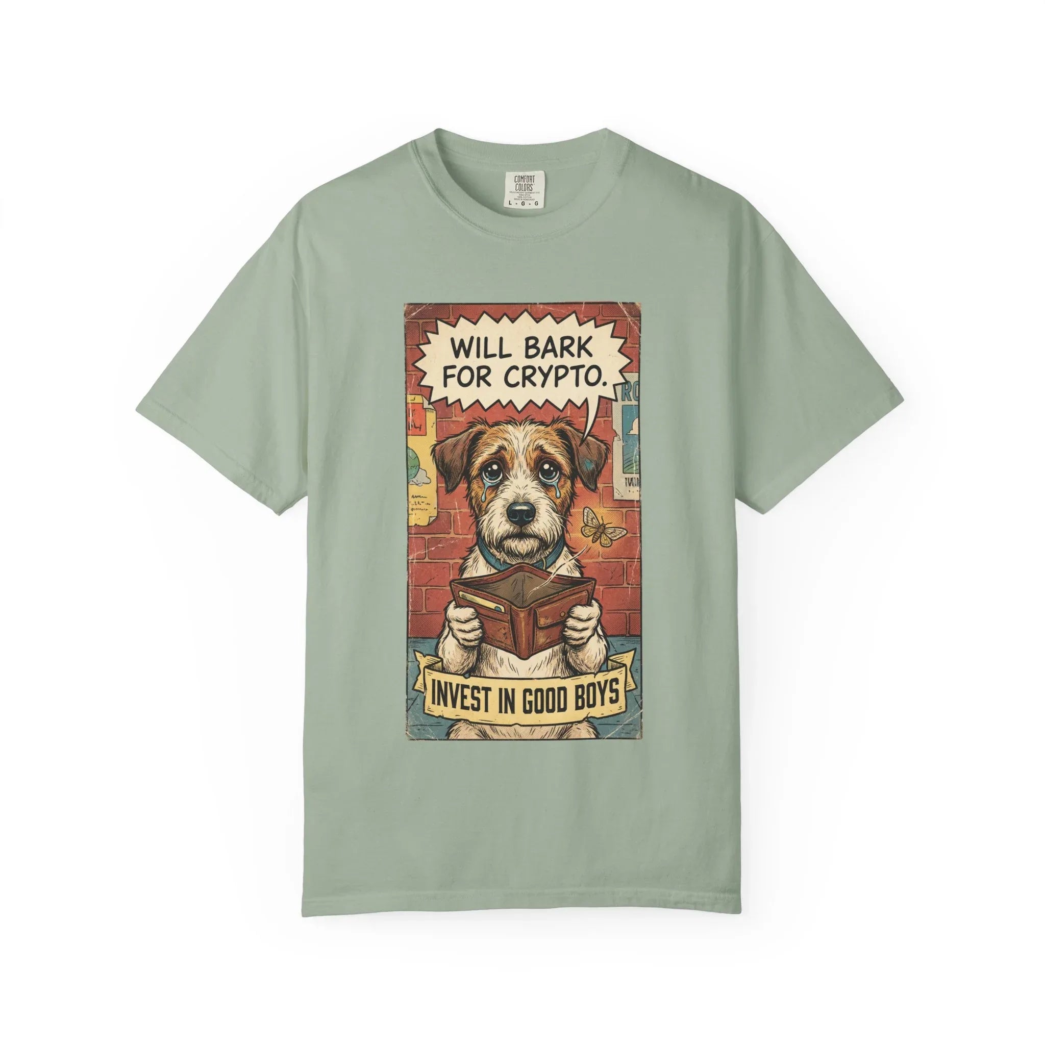 Funny Crypto Dog Shirt - Vintage Dogecoin Bitcoin Investor Gift - "Will Bark for Crypto" Graphic Tee - Retro Satirical Meme Clothing - HODL & Buy the Dip T-Shirt Bay