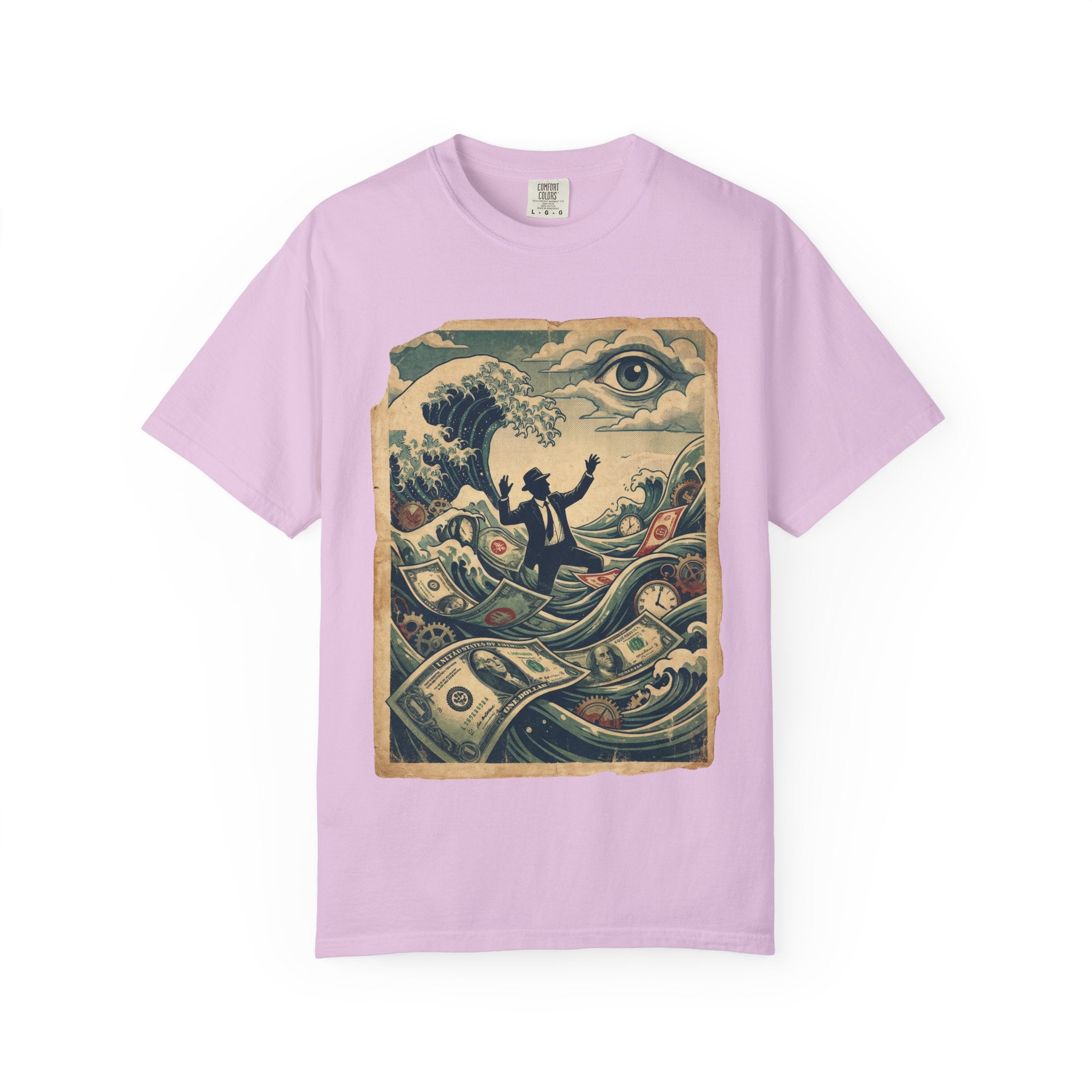 Vintage Dystopian Debt Shirt, All-Seeing Eye Surreal Art Tee, Corporate Overload Graphic, Dark Academia Aesthetic, Gift for Economists, Philosophy Satire Unisex T-Shirt Orchid
