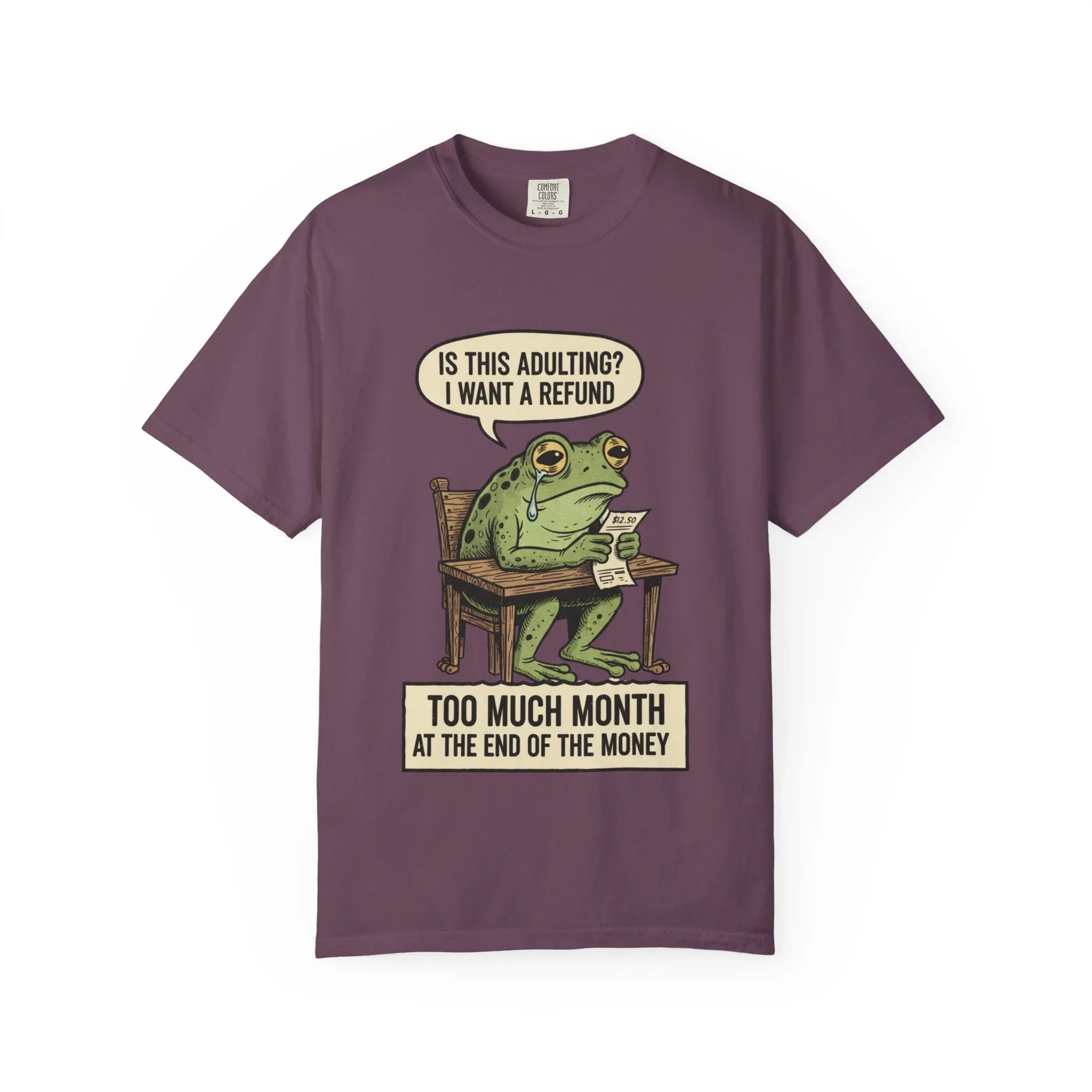 Funny Adulting Shirt - Sad Frog Hoodie - "I Want A Refund On Adulting" Tee - Broke Meme Gift - Financial Humor T-Shirt - Vintage Animal Art Millennial Top Berry M