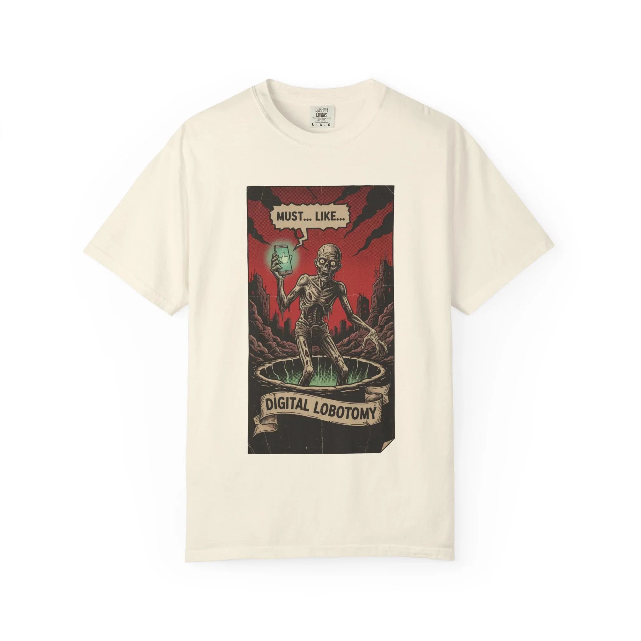 Digital Lobotomy Shirt - Vintage Horror Zombie T-Shirt - Social Media Satire Tee - Retro Comic Style Graphic Shirt - Smartphone Addict Dark Humor Gift - Tech Skeptic Streetwear Ivory