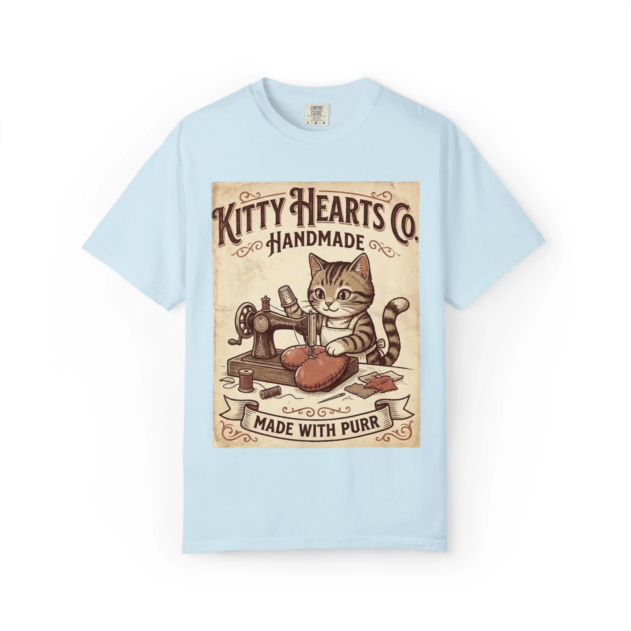 Kitty Hearts Co T-Shirt | Vintage Handmade Cat Sewing Made With Purr Graphic Tee Chambray