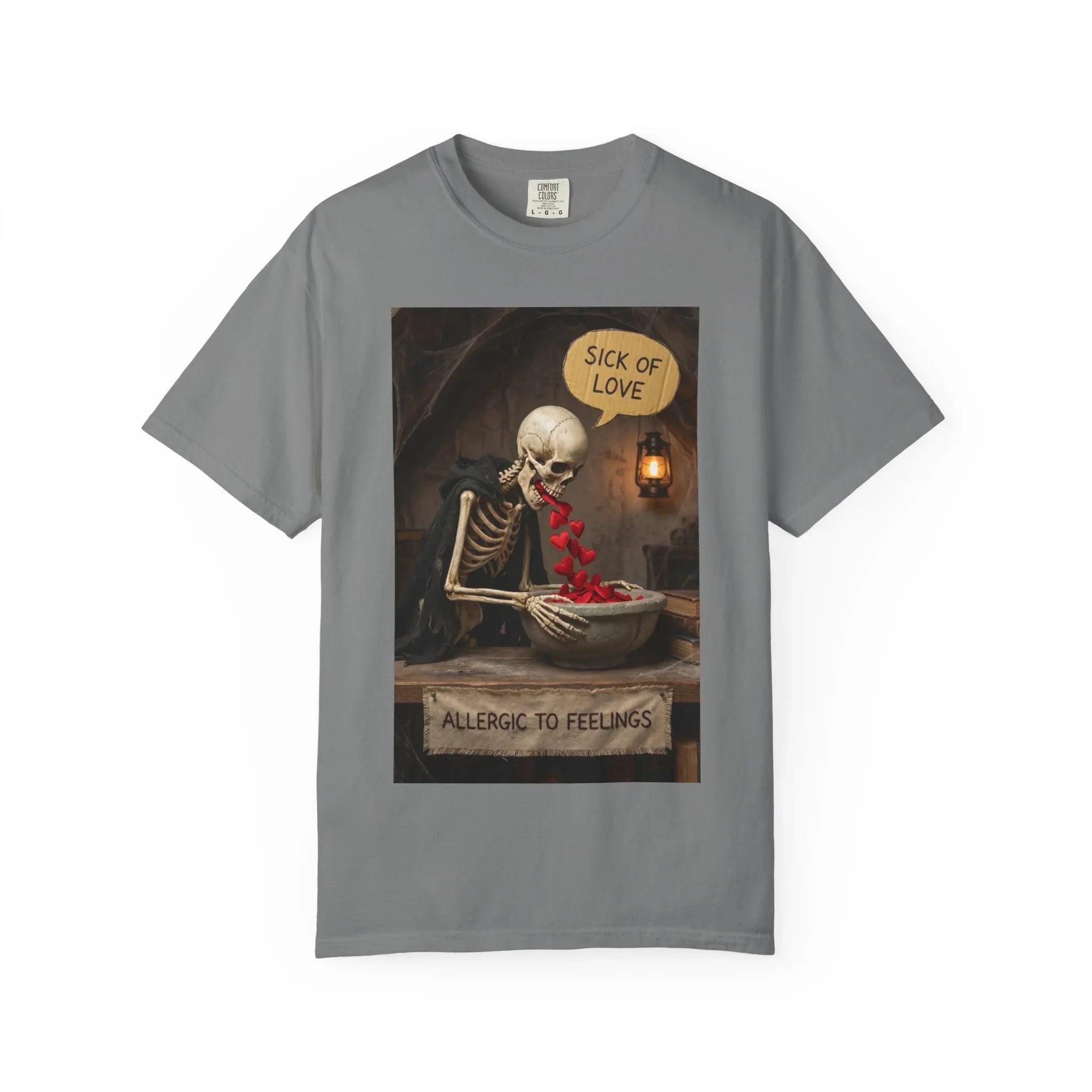 Sick of Love" Allergic To Feelings Vintage Skeleton T-Shirt - Premium Dark Humor Apparel Grey