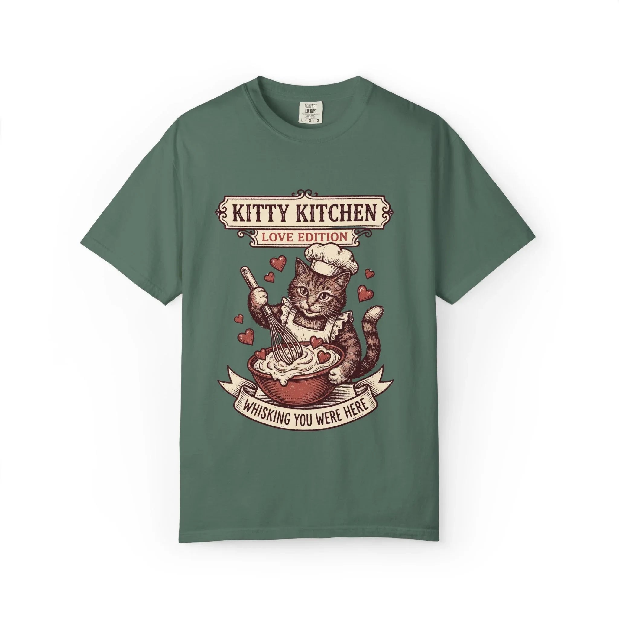 Kitty Kitchen Love T-Shirt | Vintage Cat Chef Whisking You Were Here Graphic Tee Blue Spruce