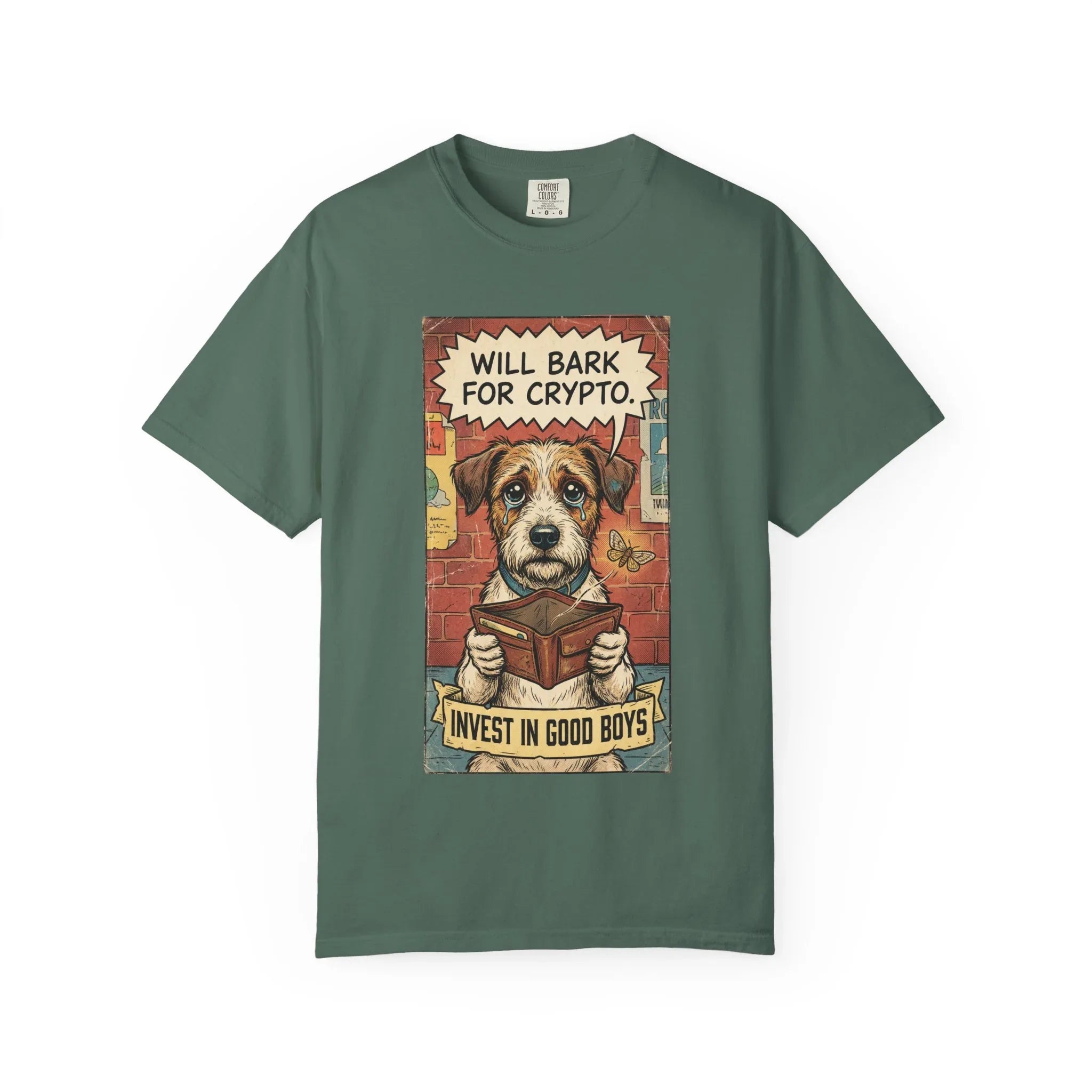 Funny Crypto Dog Shirt - Vintage Dogecoin Bitcoin Investor Gift - "Will Bark for Crypto" Graphic Tee - Retro Satirical Meme Clothing - HODL & Buy the Dip T-Shirt Blue Spruce