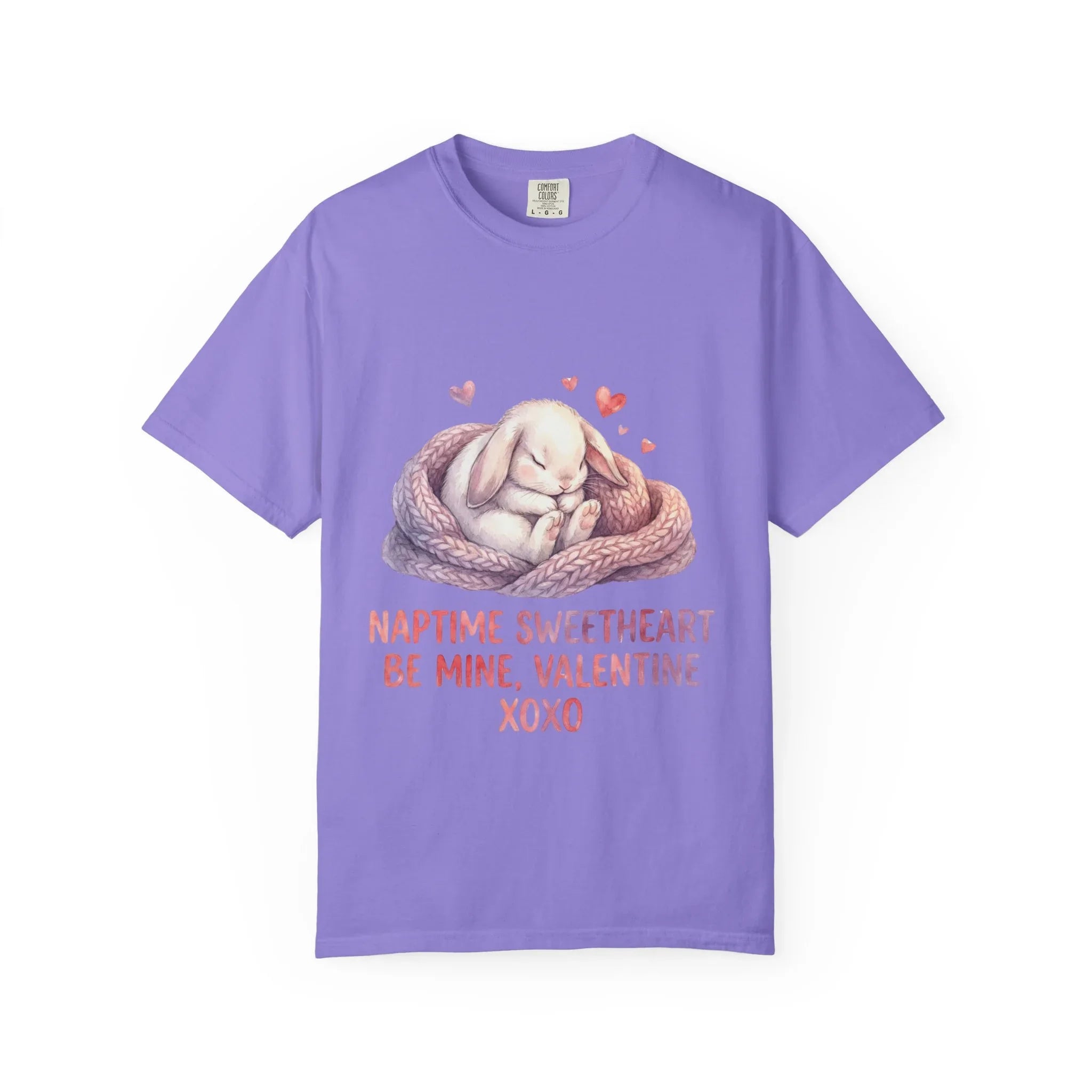 Sleeping Bunny Nest Valentine T Shirt Naptime Sweetheart Be Mine XOXO Watercolor Cozy Vintage Aesthetic Gift Bunny Lovers Romantic Tee Violet