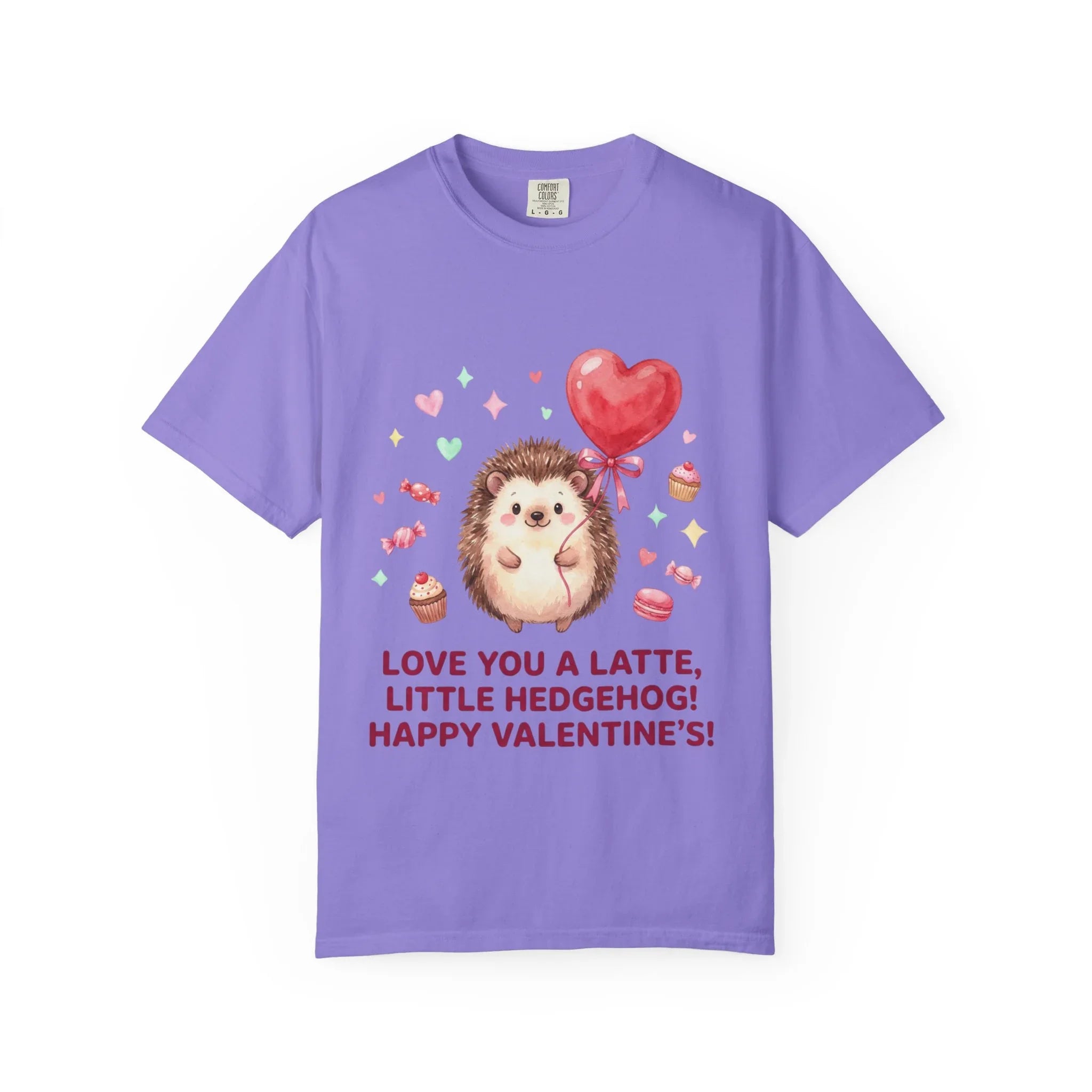 Love You A Latte Hedgehog T Shirt Cute Watercolor Heart Balloon Valentine Cozy Vintage Aesthetic Gift Animal Lovers Soft Cotton Romantic Tee Violet
