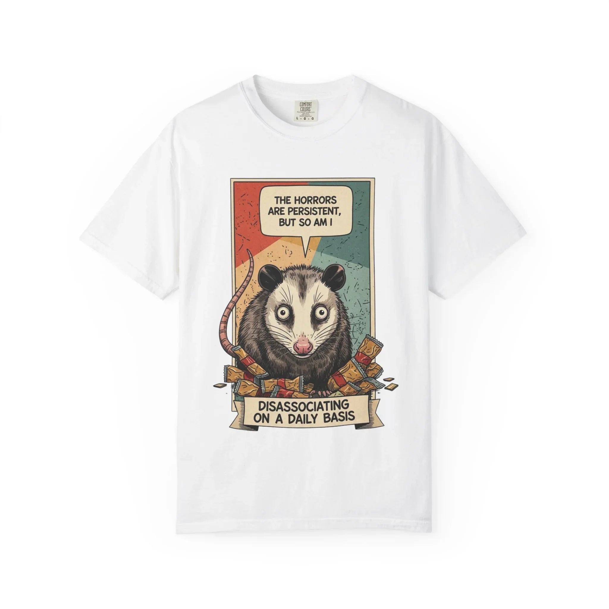 Funny Opossum Shirt - "The Horrors Are Persistent But So Am I" Tee - Mental Health Awareness Gift - Disassociation Meme Sweatshirt - Retro Trash Cat Hoodie