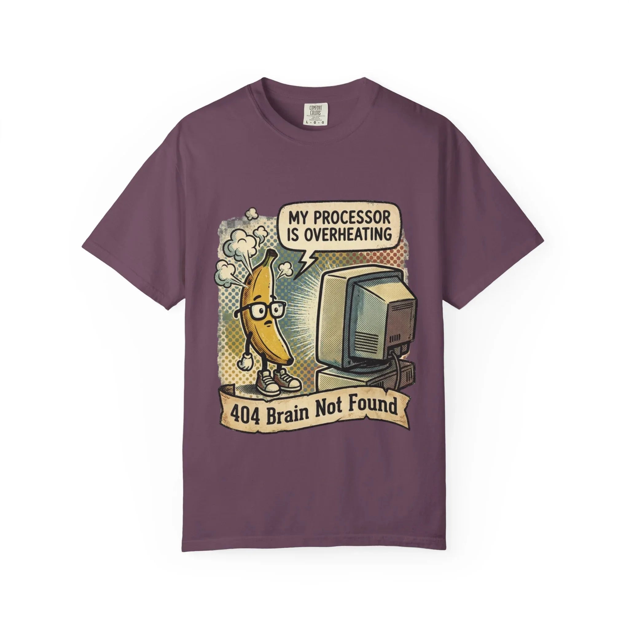 Funny Banana Overheating Shirt 404 Brain Not Found Tee IT Professional Gift Sarcastic Programmer Shirt Tech Burnout Retro Comic Graphic Berry M
