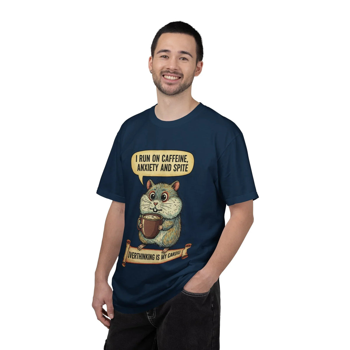 Funny Hamster Coffee Shirt - "Overthinking is My Cardio" T-Shirt - Caffeine Anxiety and Spite Gift - Sarcastic Mental Health Graphic Tee - Retro Jittery Hamster Overthinker Gift