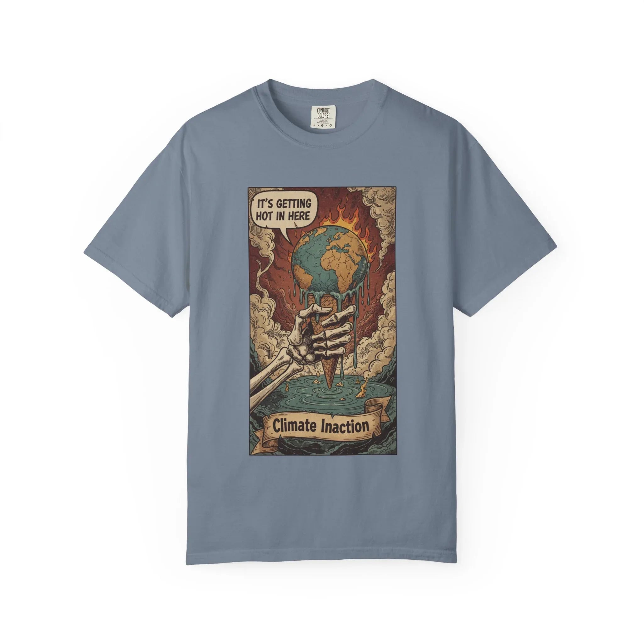 Climate Inaction Melting Earth Shirt - Global Warming Satire Tee - Skeleton Hand Vintage Graphic - Environmental Activist Gift - Retro Distressed Planet Earth T-Shirt Blue Jean