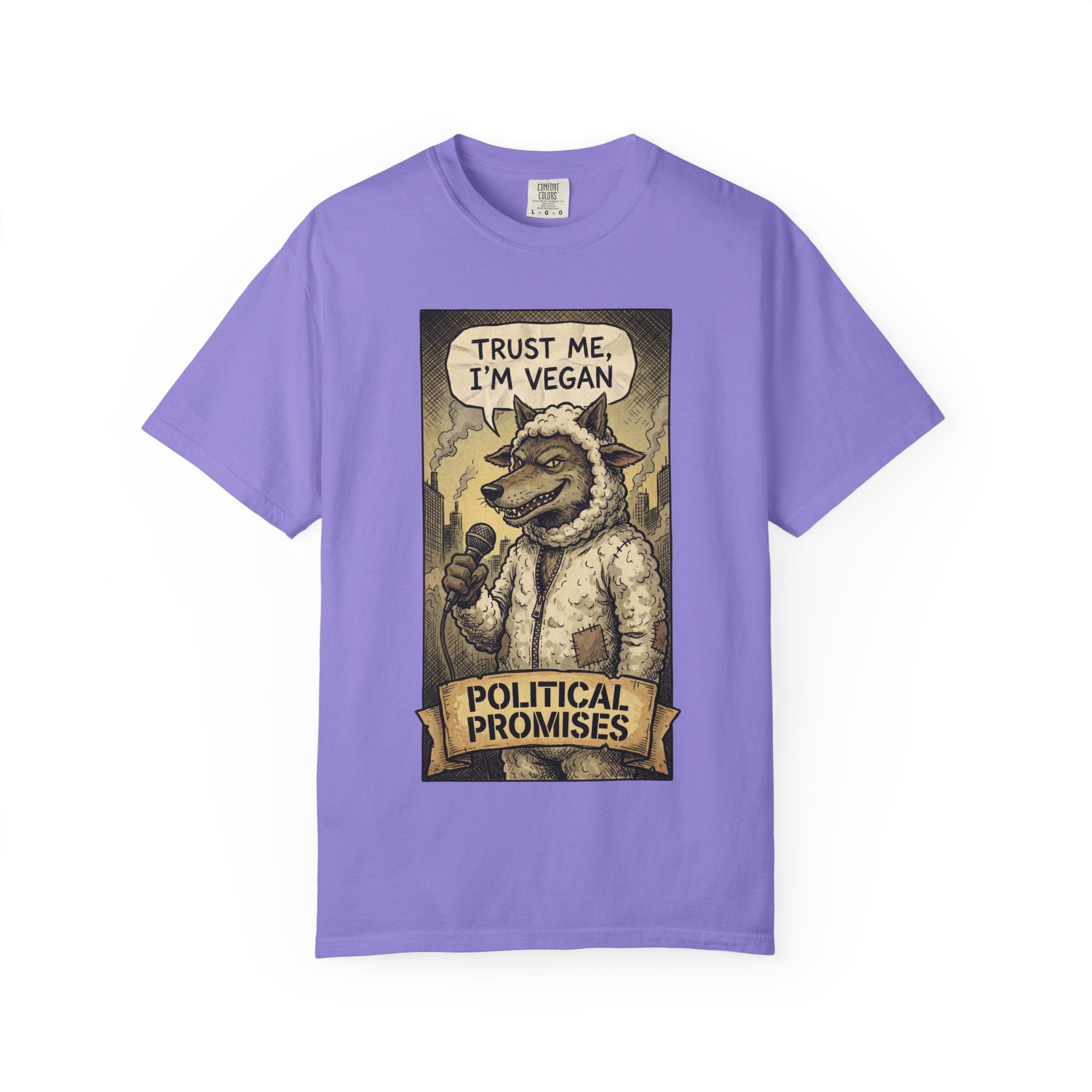 Political Promises Shirt, Wolf in Sheep's Clothing T-Shirt, Sarcastic Social Commentary Tee, Vintage Grunge Satire Apparel, Free Thinker Gift Violet