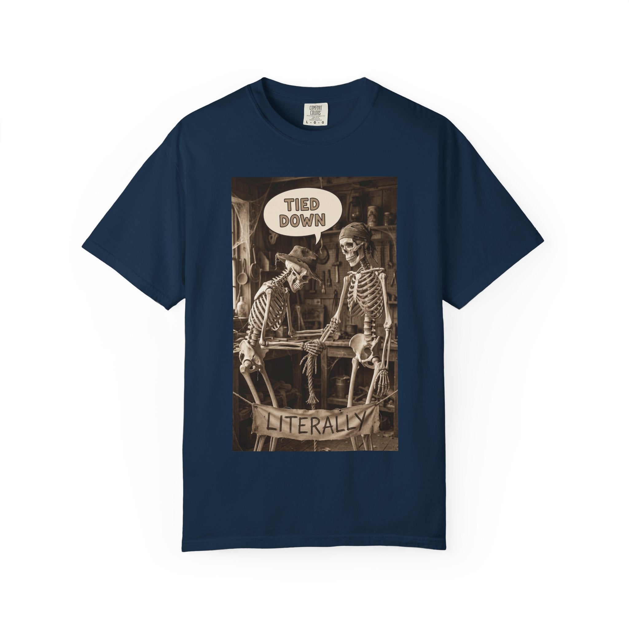🪢 Tied Down Literally – Vintage Skeleton Satire & Dark Humor Streetwear Unisex Garment-Dyed T-shirt True Navy