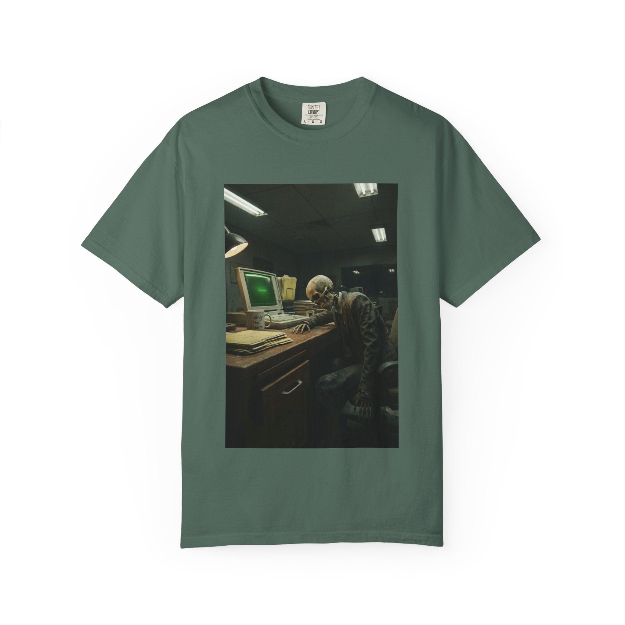 Living The Dream Skeleton T-Shirt - Funny Corporate Burnout Shirt - Vintage Aesthetic Dark Humor Office Tee - Sarcastic Work Gift Blue Spruce