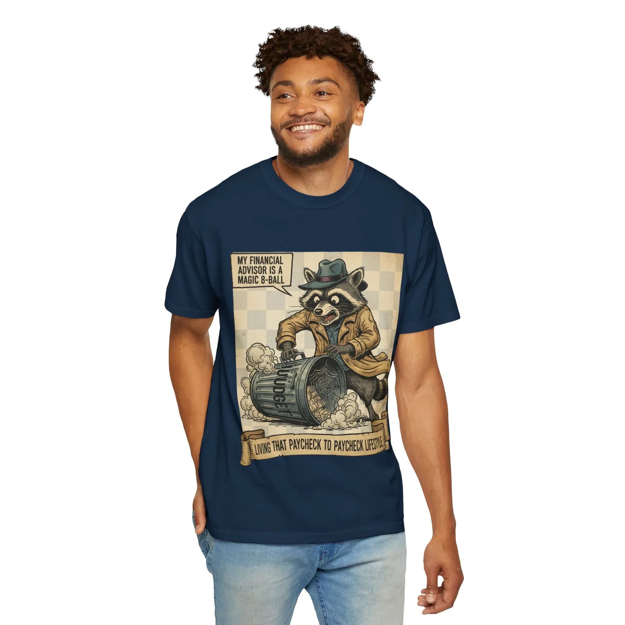 Funny Raccoon Financial Advisor Shirt - Paycheck to Paycheck T-Shirt - Broke Millennial Humor Sweatshirt - Sarcastic Inflation Trash Panda Tee - Relatable Money Struggle Top True Navy