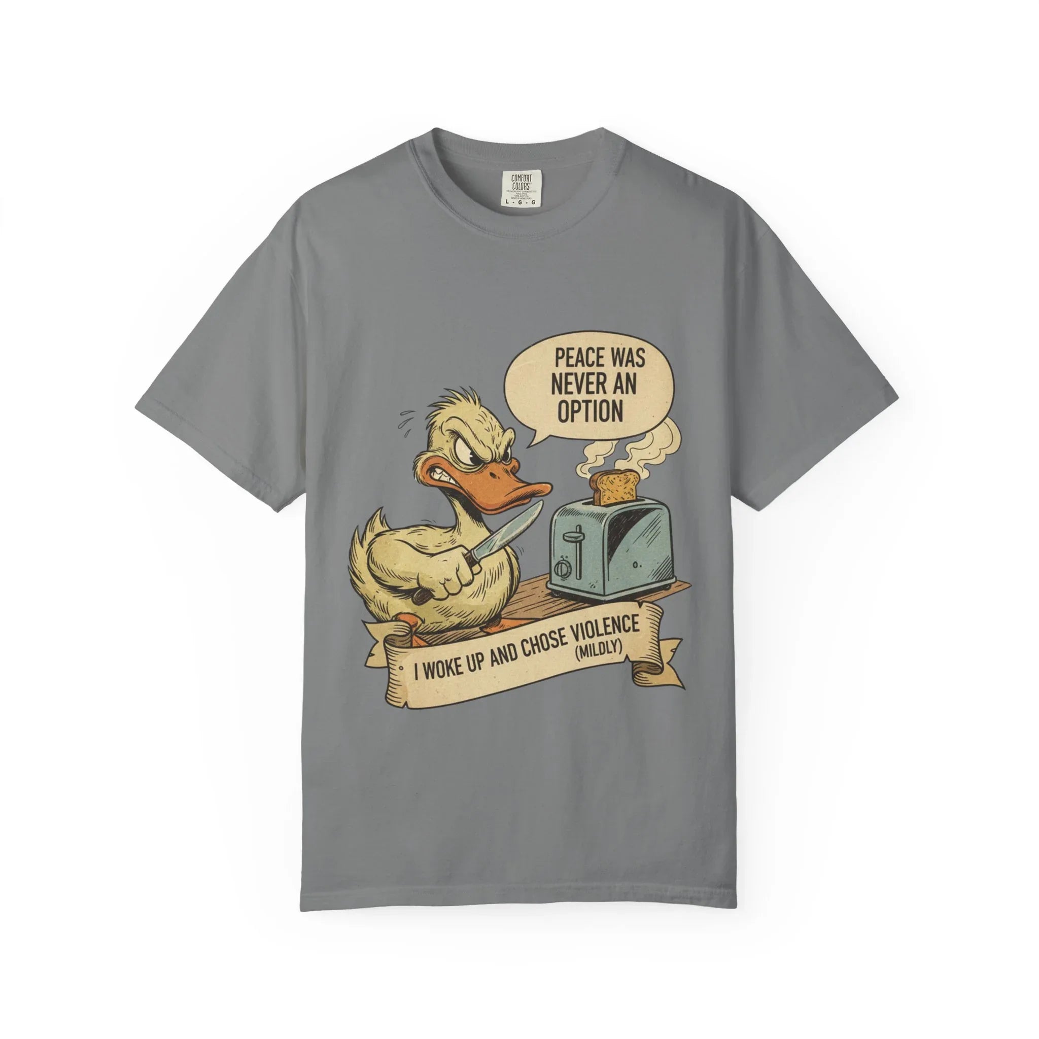 Funny Angry Duck Shirt - "I Woke Up and Chose Violence (Mildly)" Tee - Peace Was Never An Option Shirt - Sarcastic Meme Gift - Retro Comic Style Graphic T-Shirt Grey