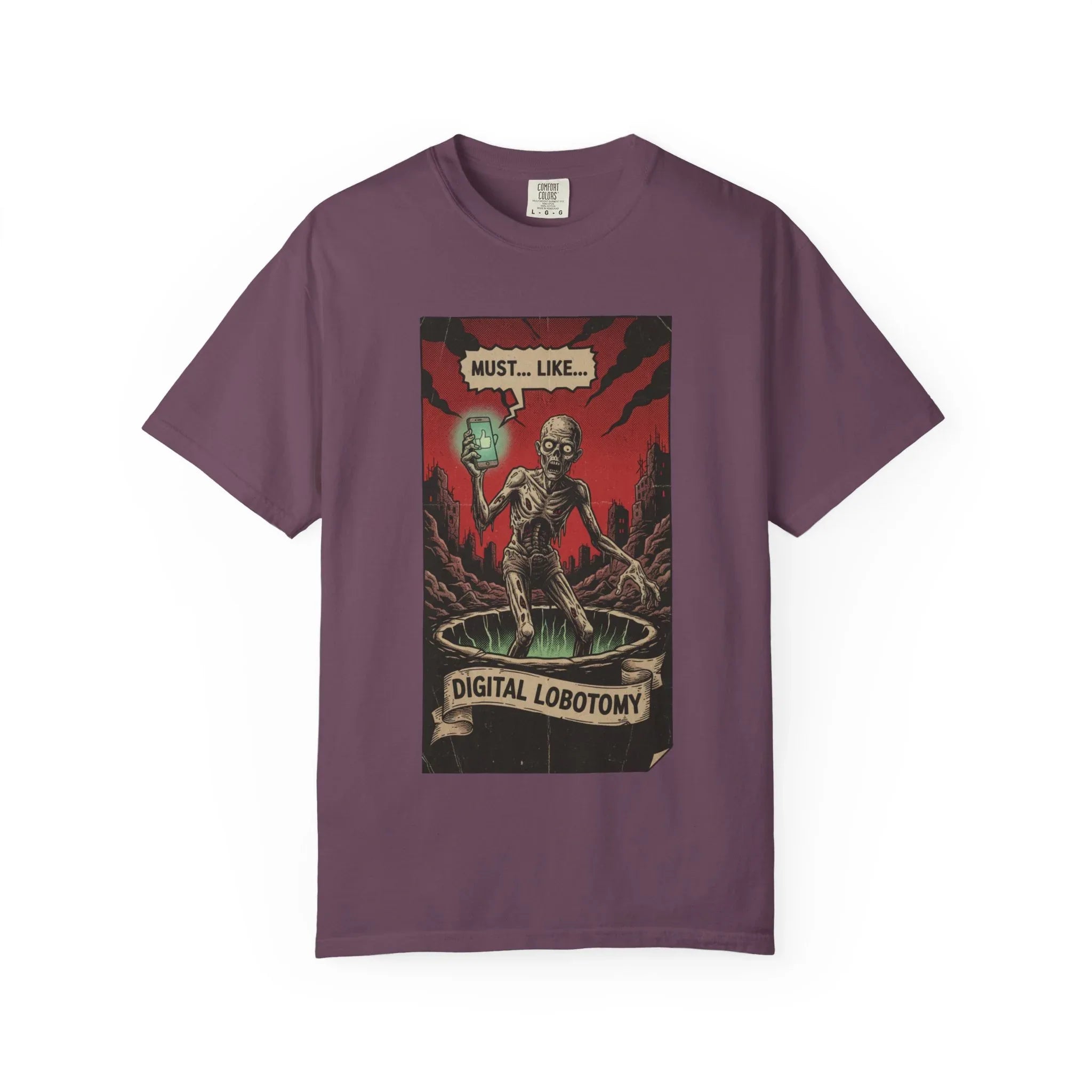 Digital Lobotomy Shirt - Vintage Horror Zombie T-Shirt - Social Media Satire Tee - Retro Comic Style Graphic Shirt - Smartphone Addict Dark Humor Gift - Tech Skeptic Streetwear Berry