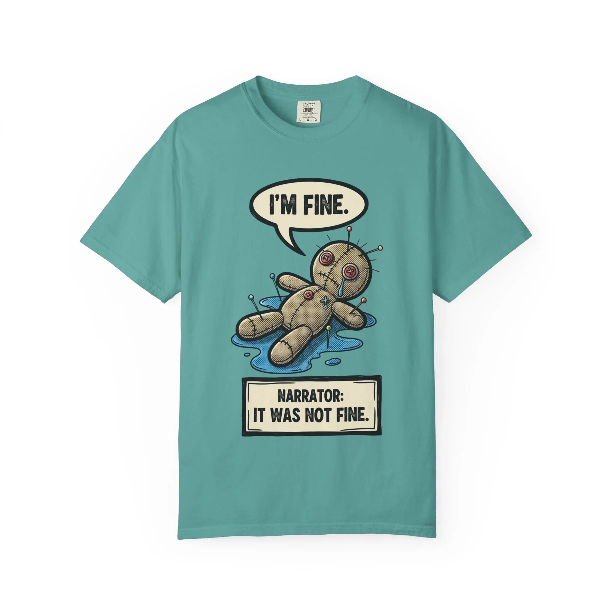 Funny Voodoo Doll "I'm Fine" Shirt - Sarcastic Mental Health Graphic Tee - Retro Comic Dark Humor T-Shirt - Vintage Garment-Dyed Relatable Mood Shirt - Edgy Aesthetic Streetwear Seafoam