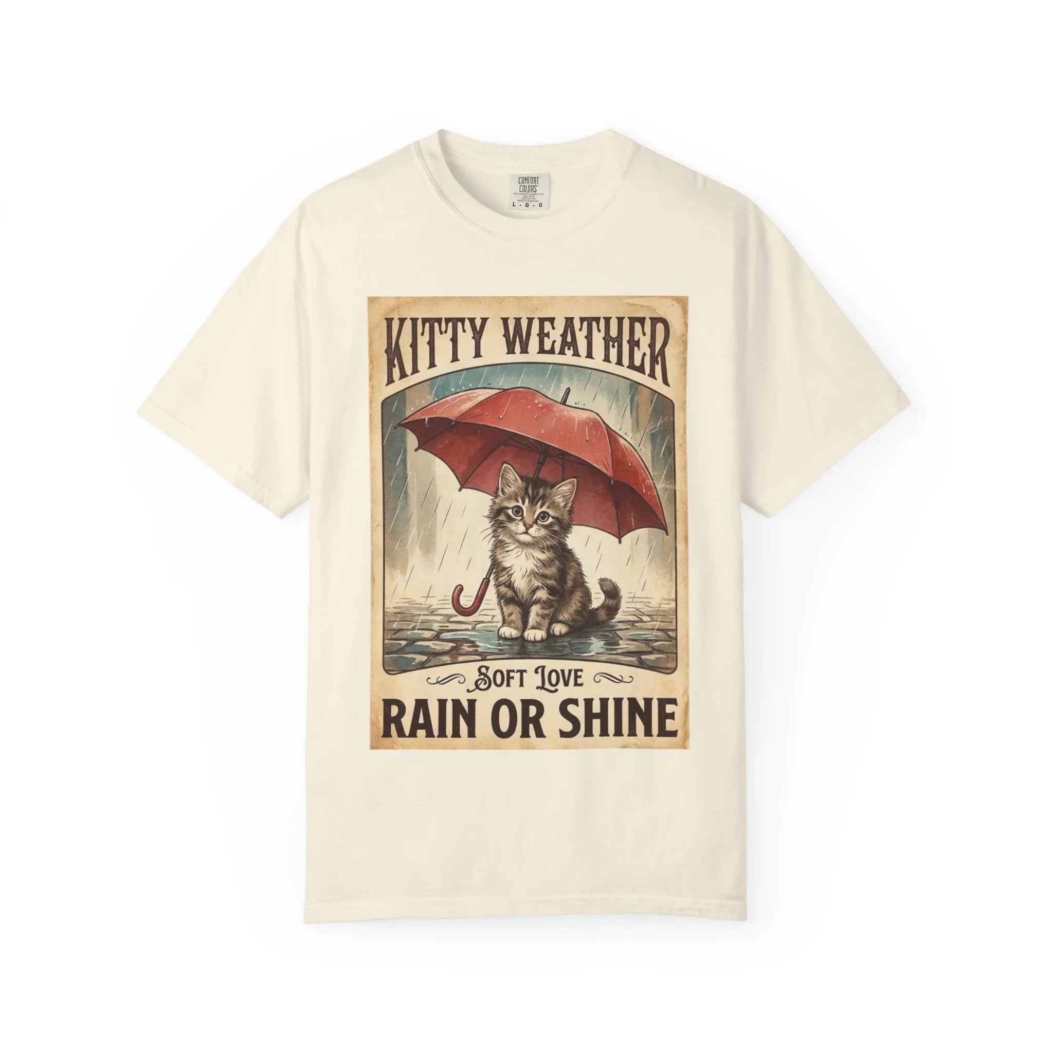Kitty Weather Rain or Shine Shirt, Umbrella Cat Vintage Poster T-Shirt, Cozy Rainy Day Kitten Tee, Retro Cat Lover Gift Ivory