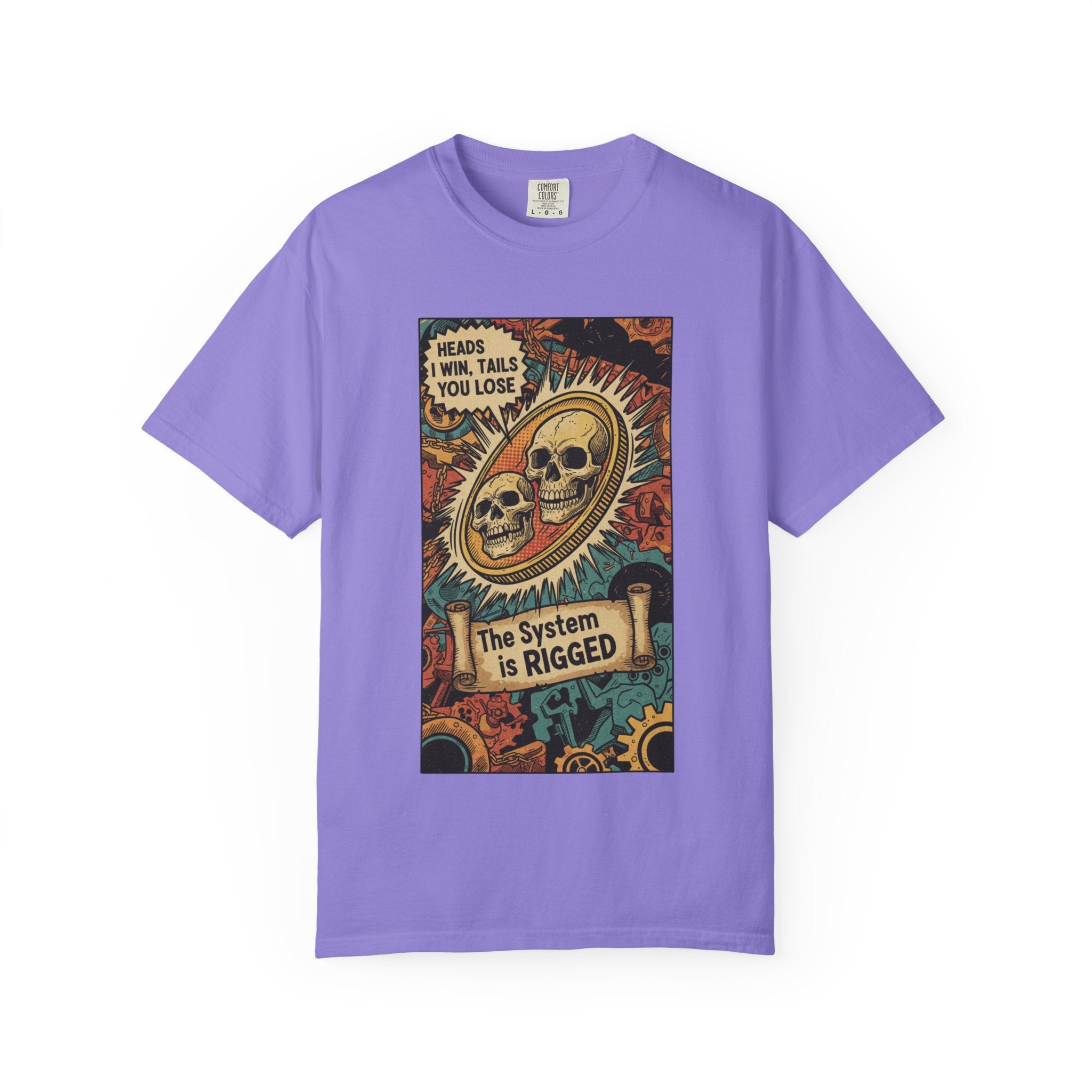 The System Is Rigged T-Shirt - Vintage Satirical Skull Coin Graphic - Dark Humor Chess Knight Pawn Tee - Retro Propaganda Streetwear Violet