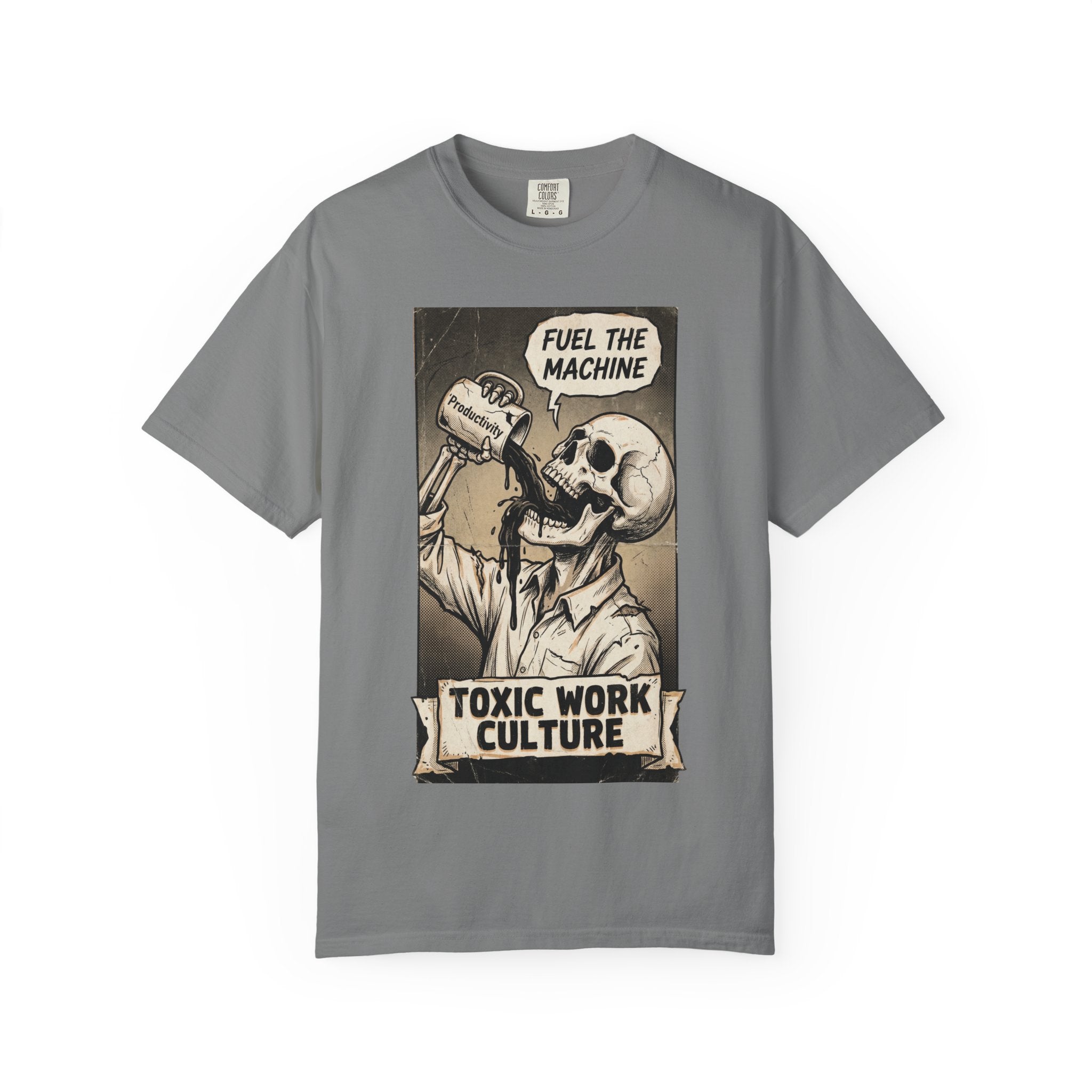Toxic Work Culture Shirt, Fuel The Machine Skeleton Tee, Productivity Coffee Graphic, Sarcastic Office Worker Gift, Vintage Grunge Streetwear Grey